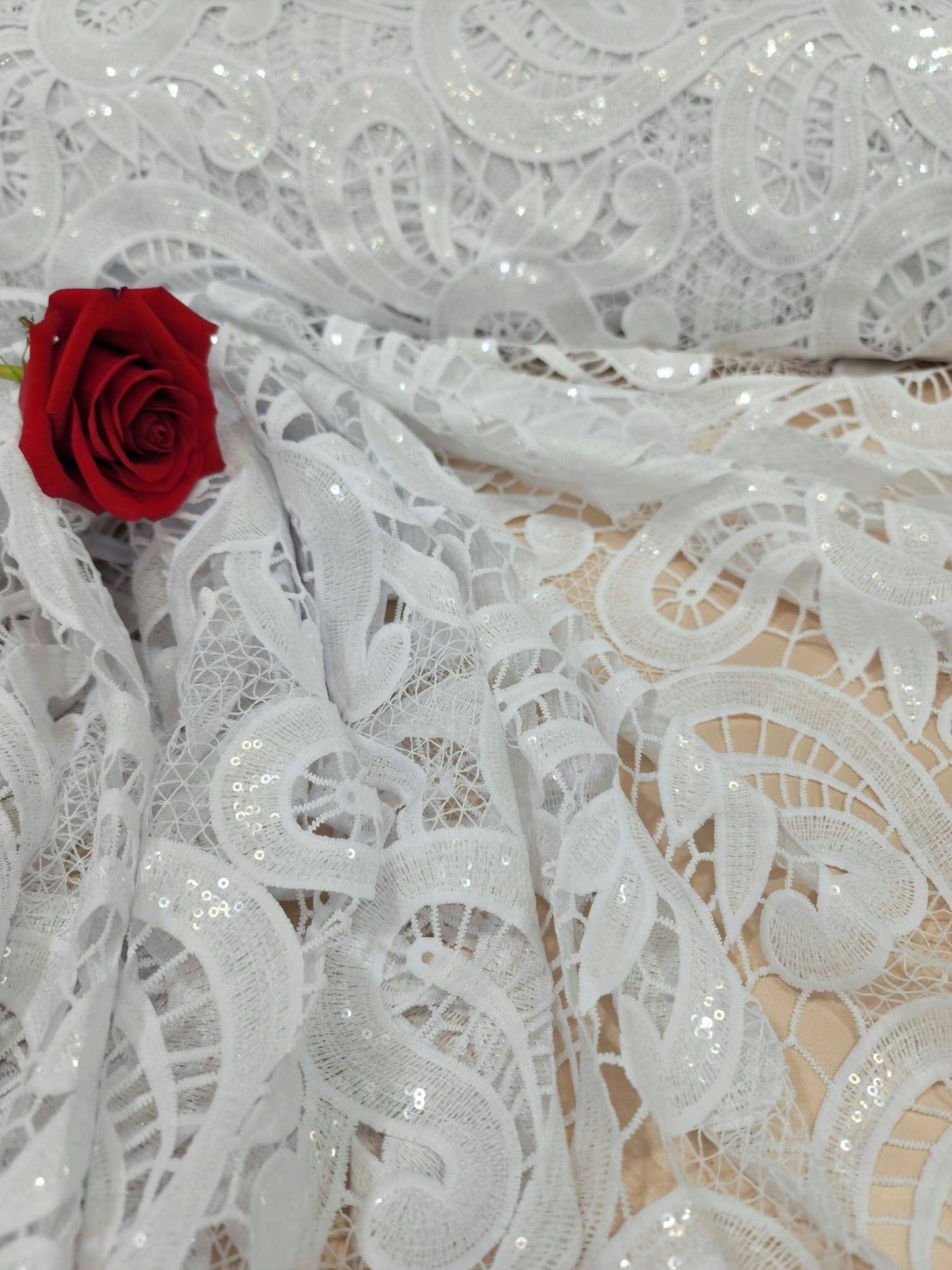 White Guipure Lace Clear Sequin Fabric By The Yard Geometric Pattern Bridal Evening Dress Heavy Embroidery