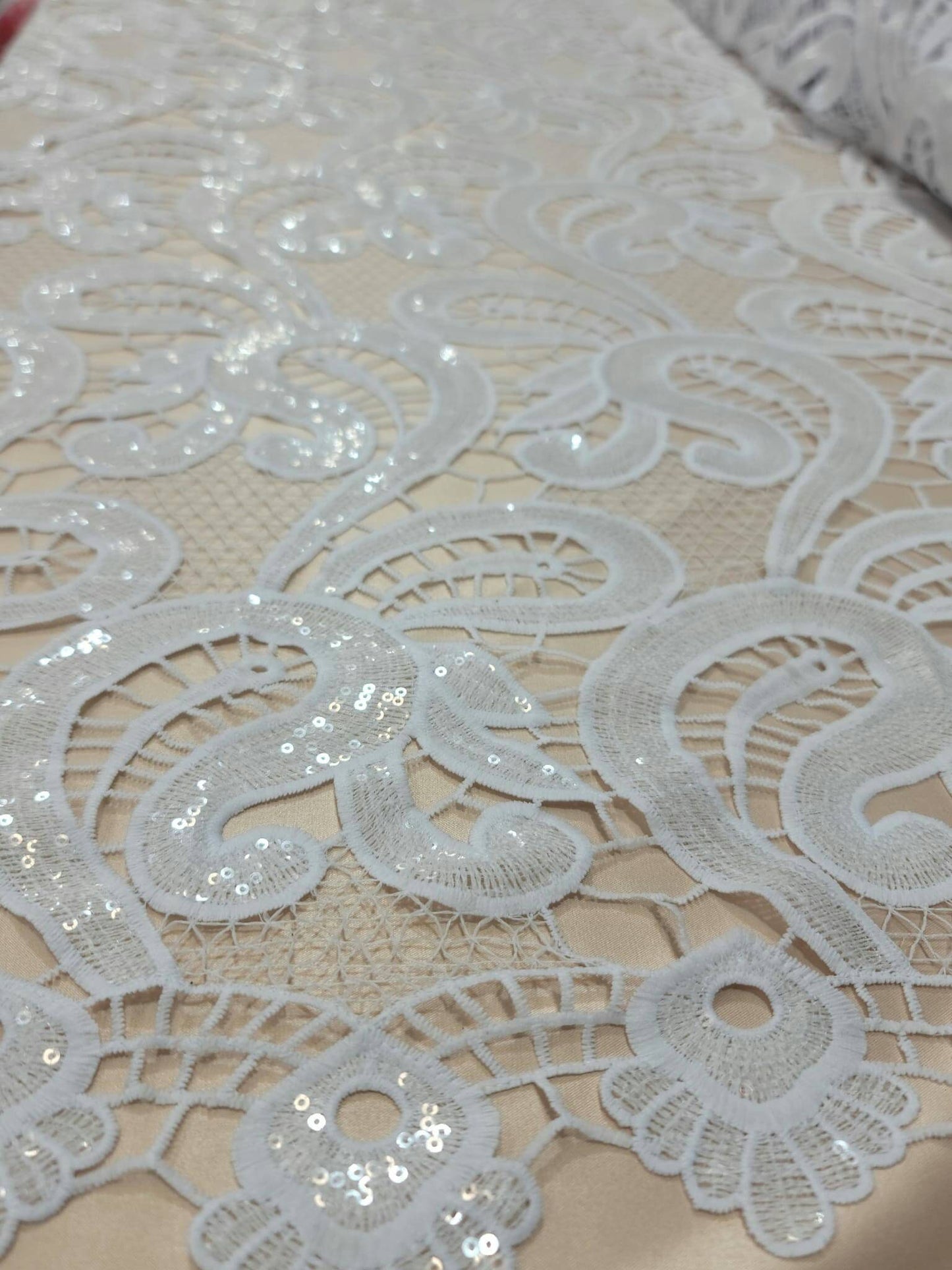 White Guipure Lace Clear Sequin Fabric By The Yard Geometric Pattern Bridal Evening Dress Heavy Embroidery