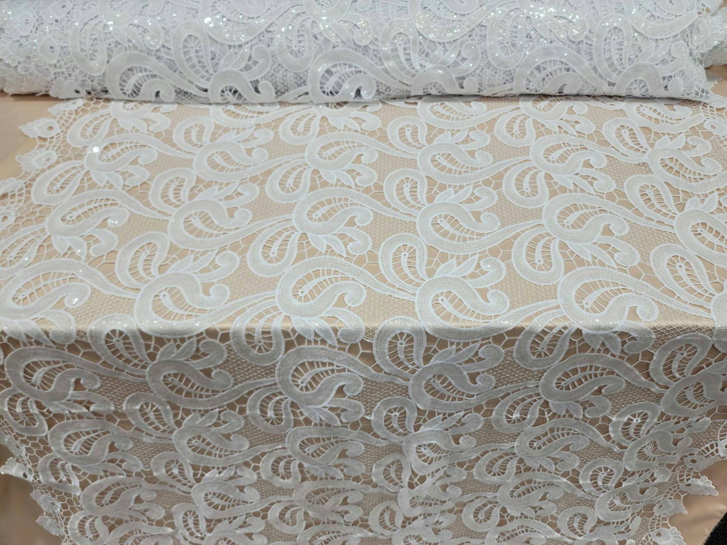 White Guipure Lace Clear Sequin Fabric By The Yard Geometric Pattern Bridal Evening Dress Heavy Embroidery