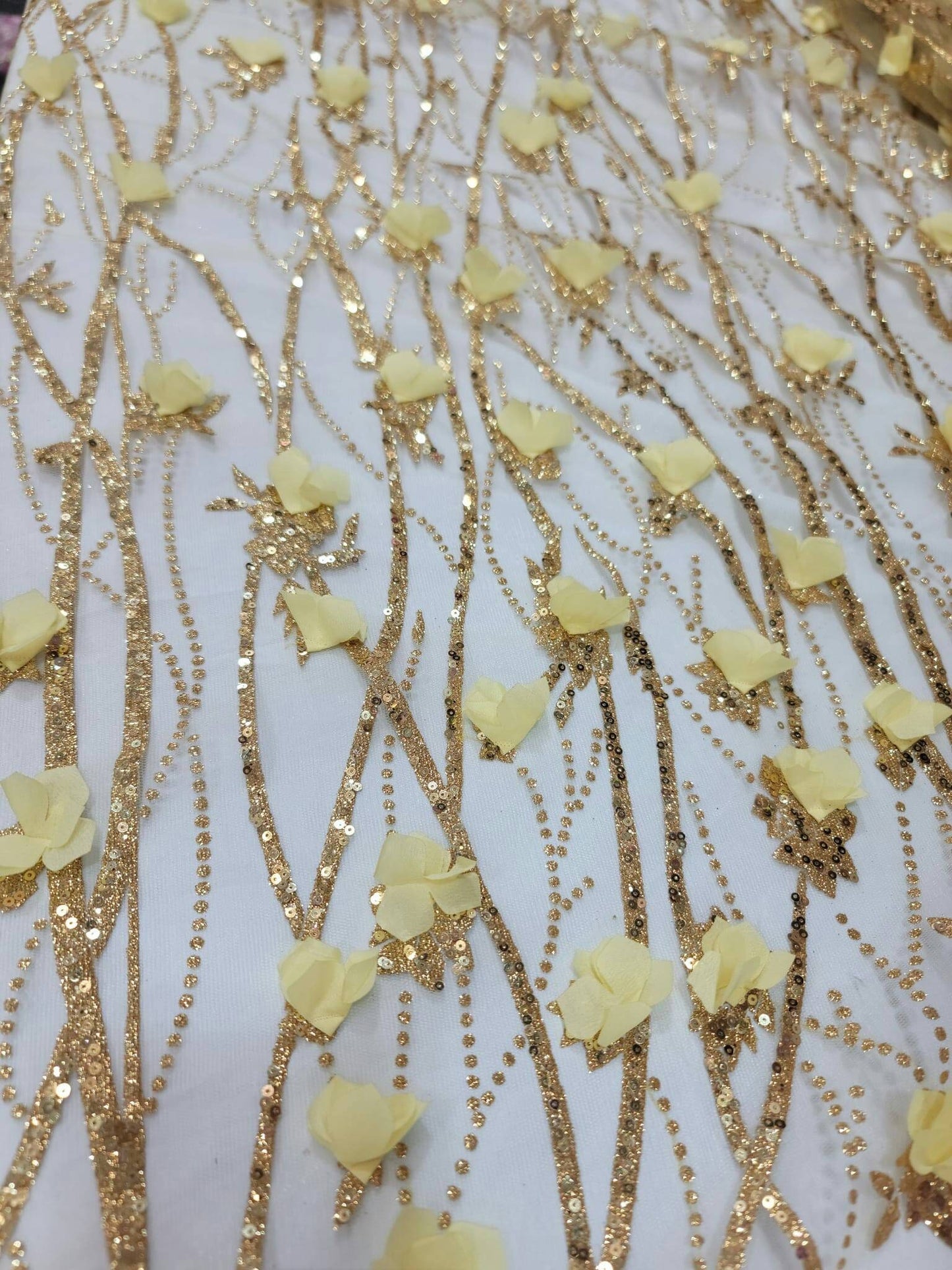 Gold Sequin Lace 3D Floral Flowers Embroidered Glitter Prom Fabric Sold by the Yard Gown Quinceañera Bridal Decoration Draping