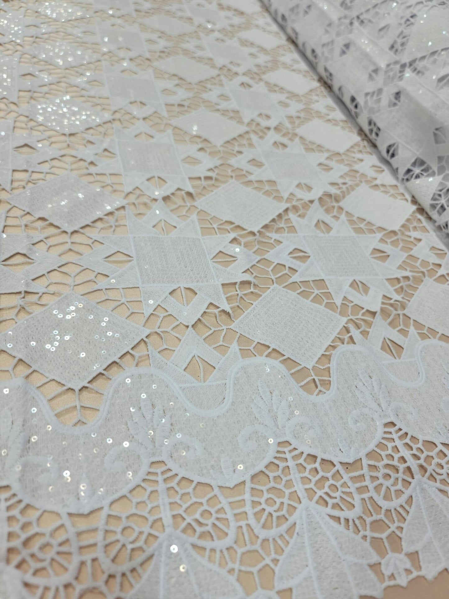 White Guipure Lace Floral Flowers Embroidered Clear Sequin On Mesh Fabric Sold By The Yard Bridal Evening Dress
