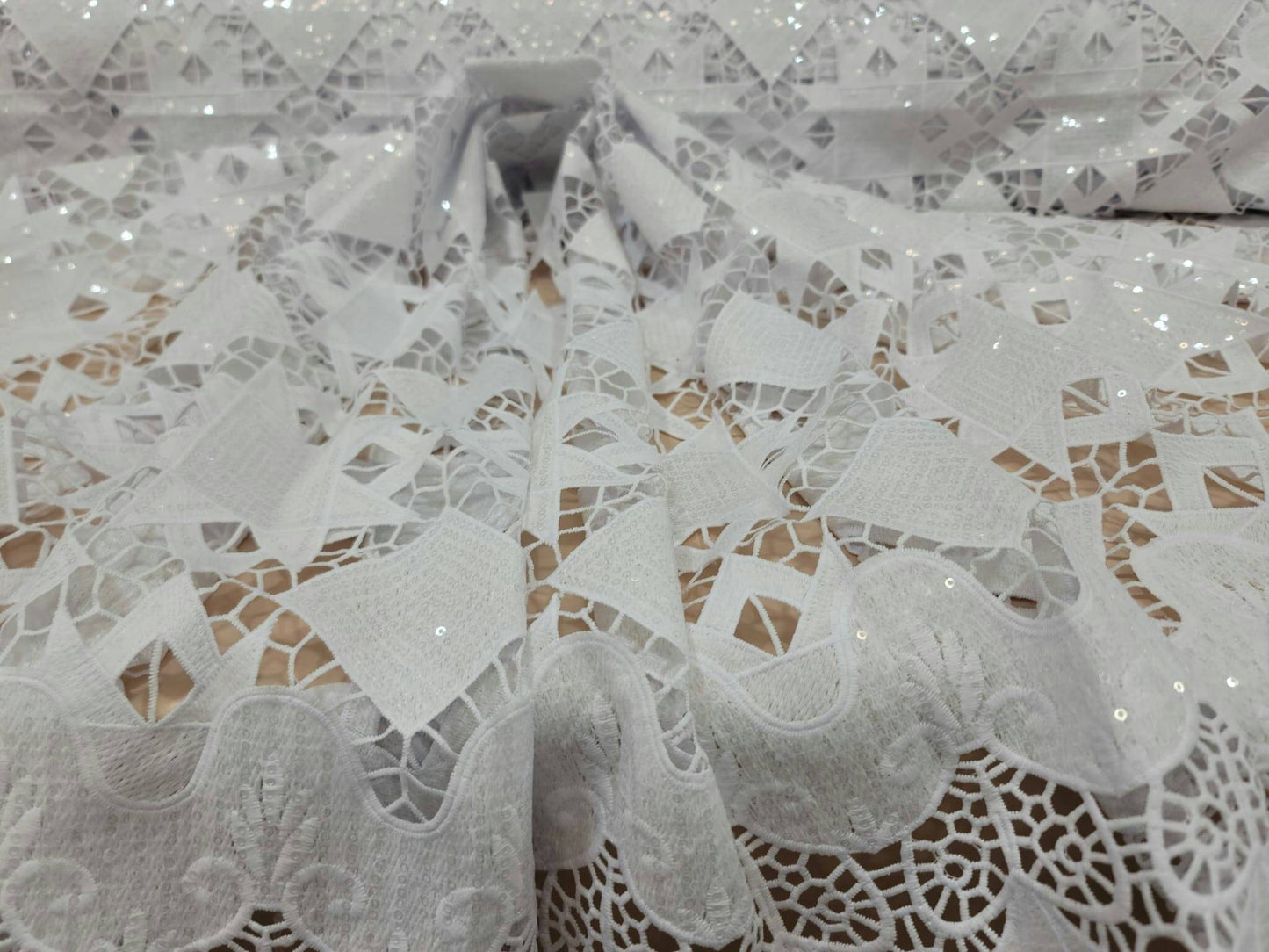 White Guipure Lace Floral Flowers Embroidered Clear Sequin On Mesh Fabric Sold By The Yard Bridal Evening Dress