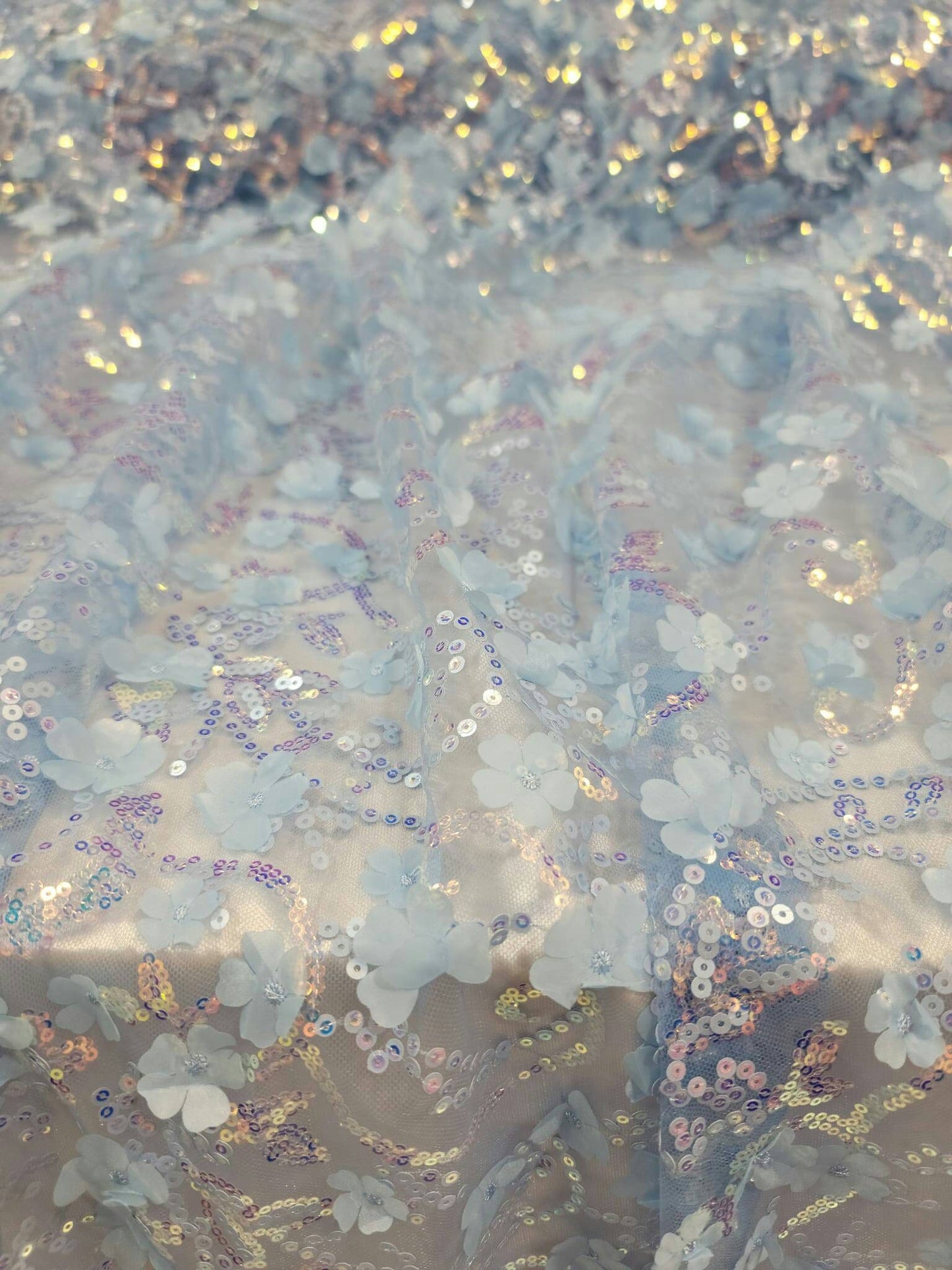 Sky Blue Lace Iridescent Sequin Fabric Sold by the Yard 3d Floral Flowers Embroidered on Mesh Prom Gown Quinceañera Bridal Dress