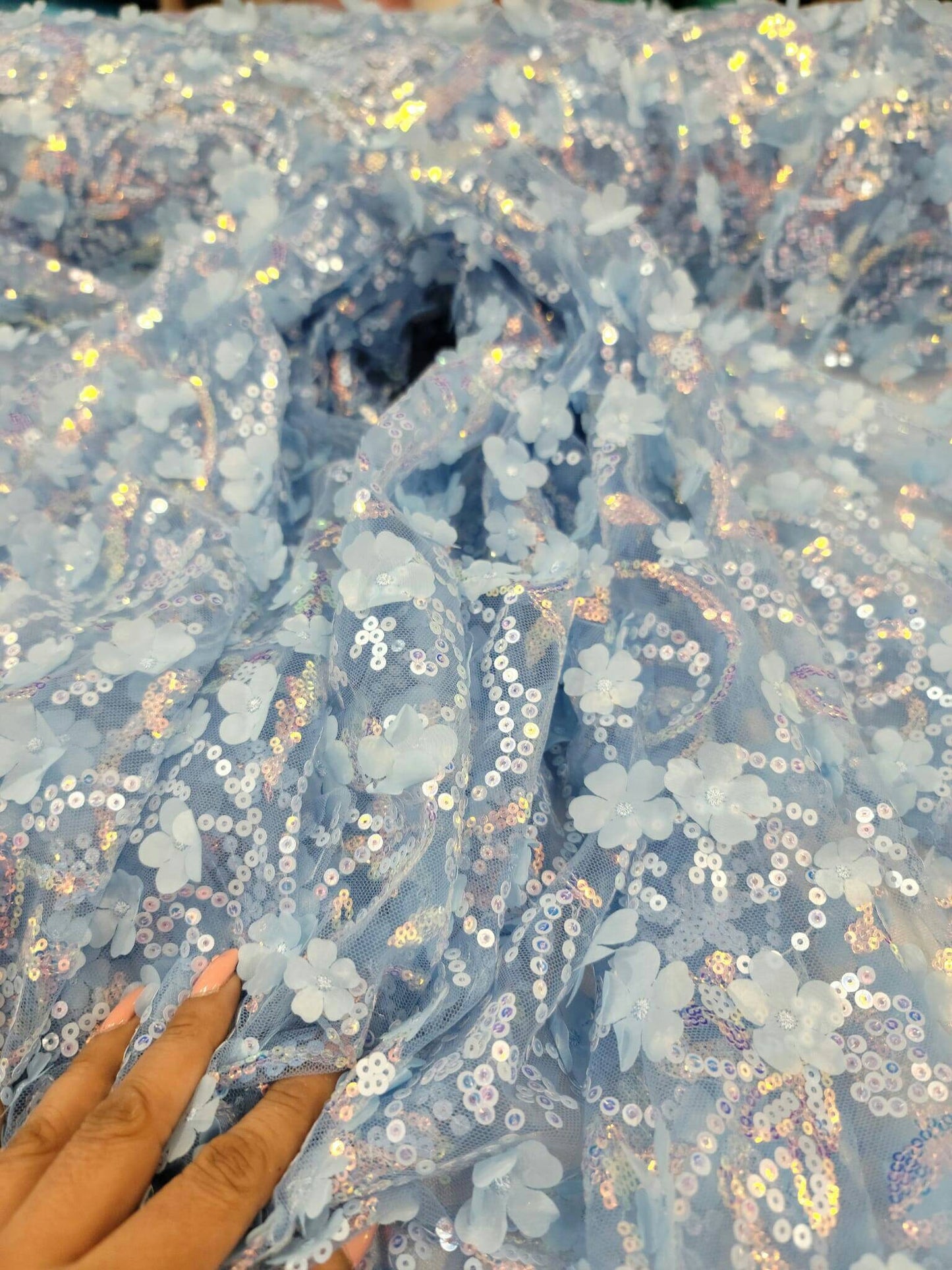 Sky Blue Lace Iridescent Sequin Fabric Sold by the Yard 3d Floral Flowers Embroidered on Mesh Prom Gown Quinceañera Bridal Dress