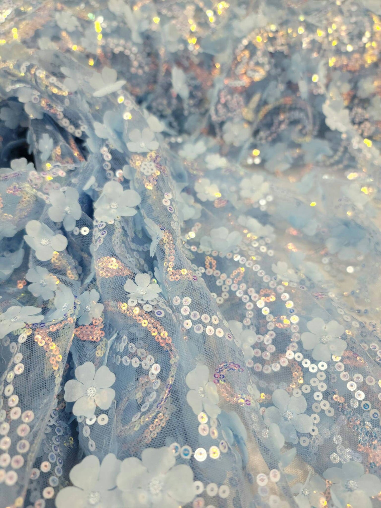 Sky Blue Lace Iridescent Sequin Fabric Sold by the Yard 3d Floral Flowers Embroidered on Mesh Prom Gown Quinceañera Bridal Dress