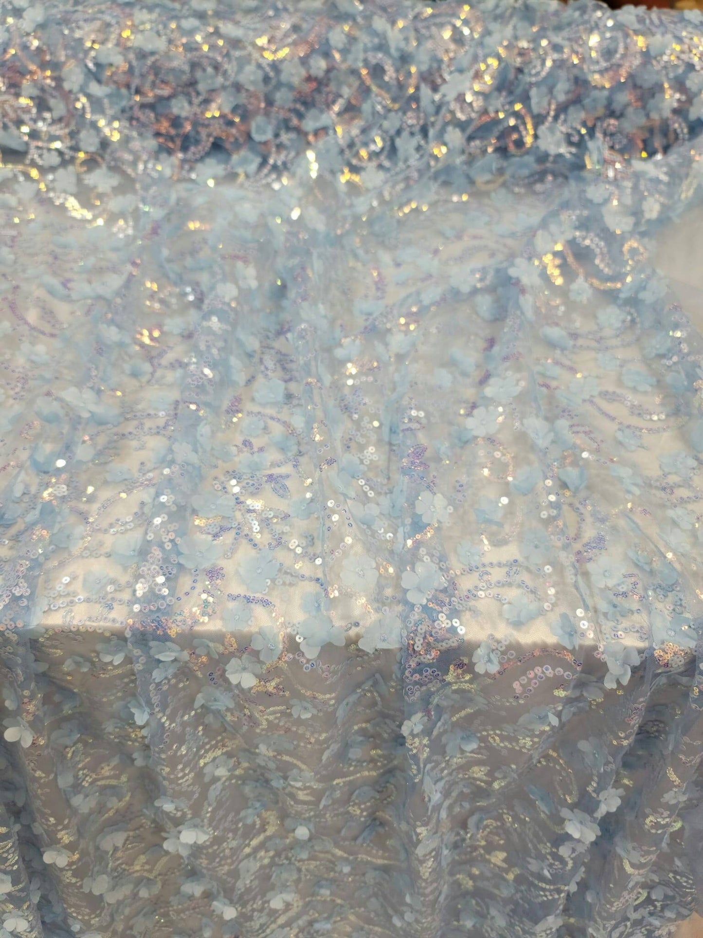 Sky Blue Lace Iridescent Sequin Fabric Sold by the Yard 3d Floral Flowers Embroidered on Mesh Prom Gown Quinceañera Bridal Dress