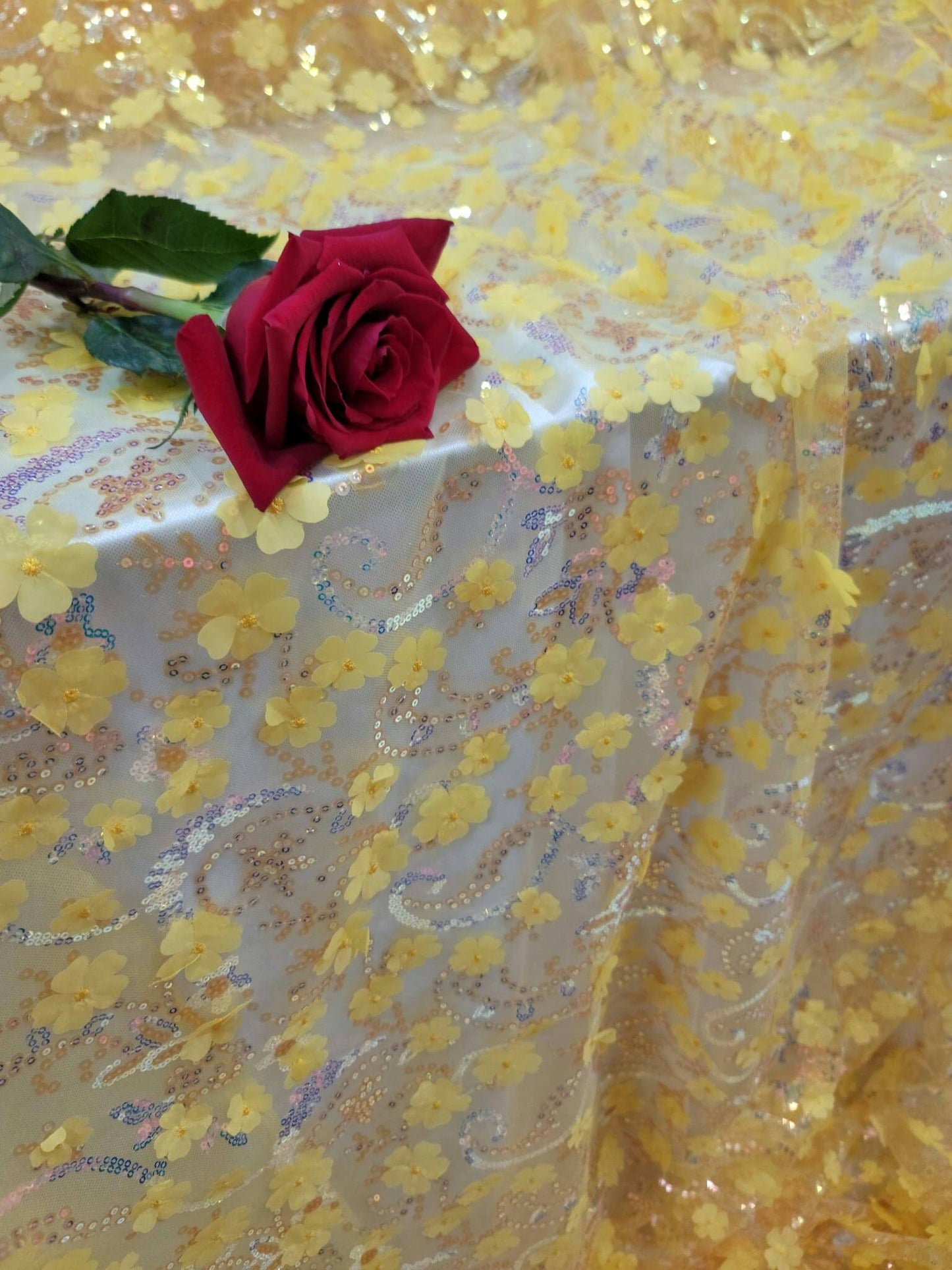 Yellow Embroidery Lace 3d Floral Fabric Sold by the Yard Gown Quinceañera Bridal Evening Dress Decoration Sequin Hologram Iridescent