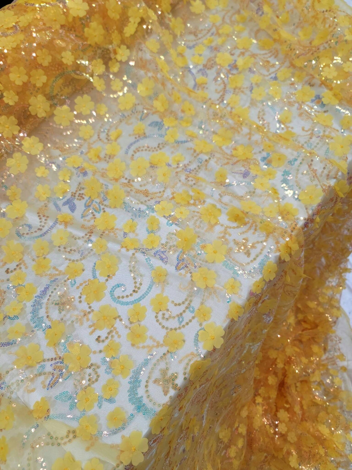 Yellow Embroidery Lace 3d Floral Fabric Sold by the Yard Gown Quinceañera Bridal Evening Dress Decoration Sequin Hologram Iridescent