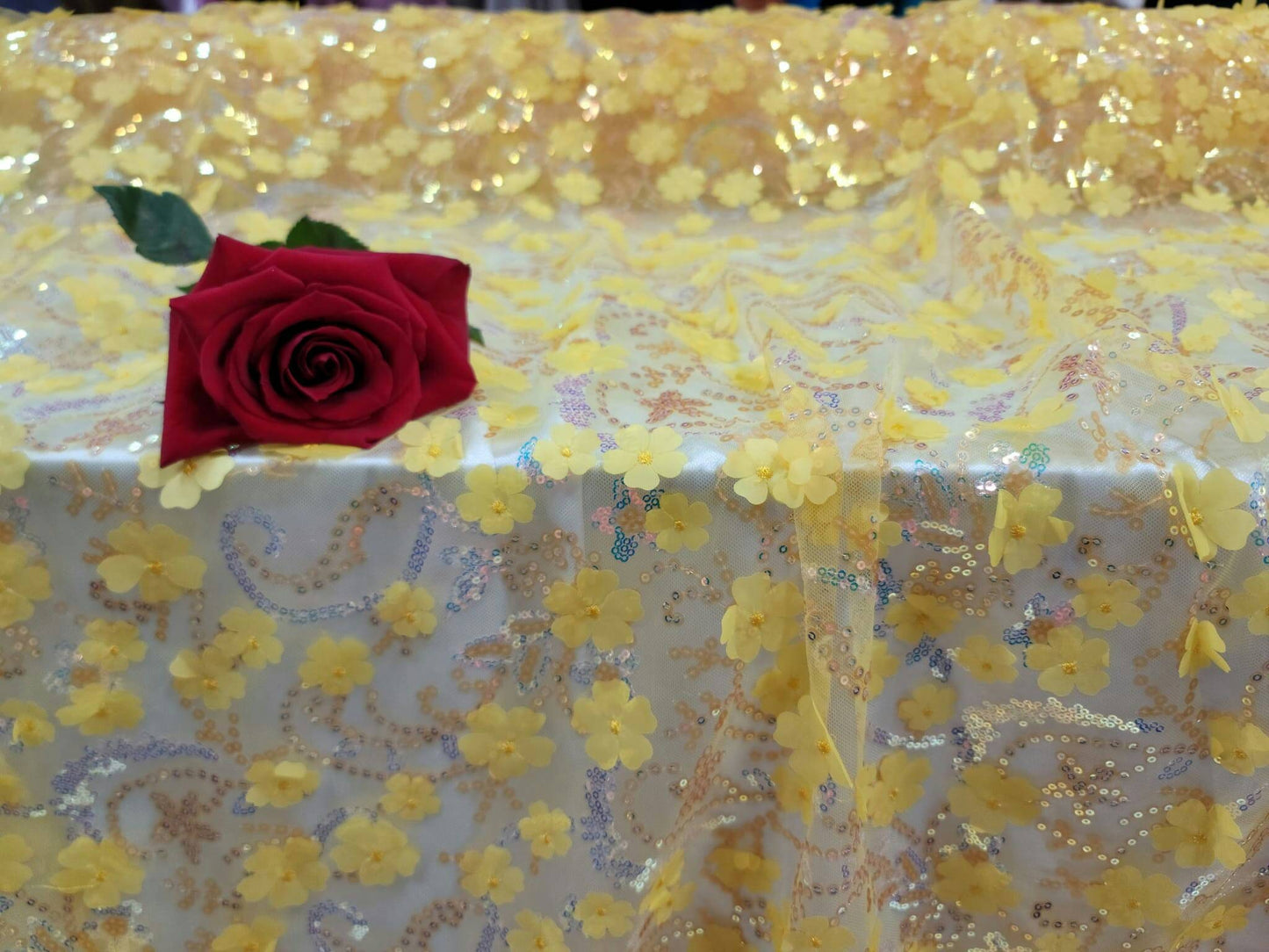 Yellow Embroidery Lace 3d Floral Fabric Sold by the Yard Gown Quinceañera Bridal Evening Dress Decoration Sequin Hologram Iridescent