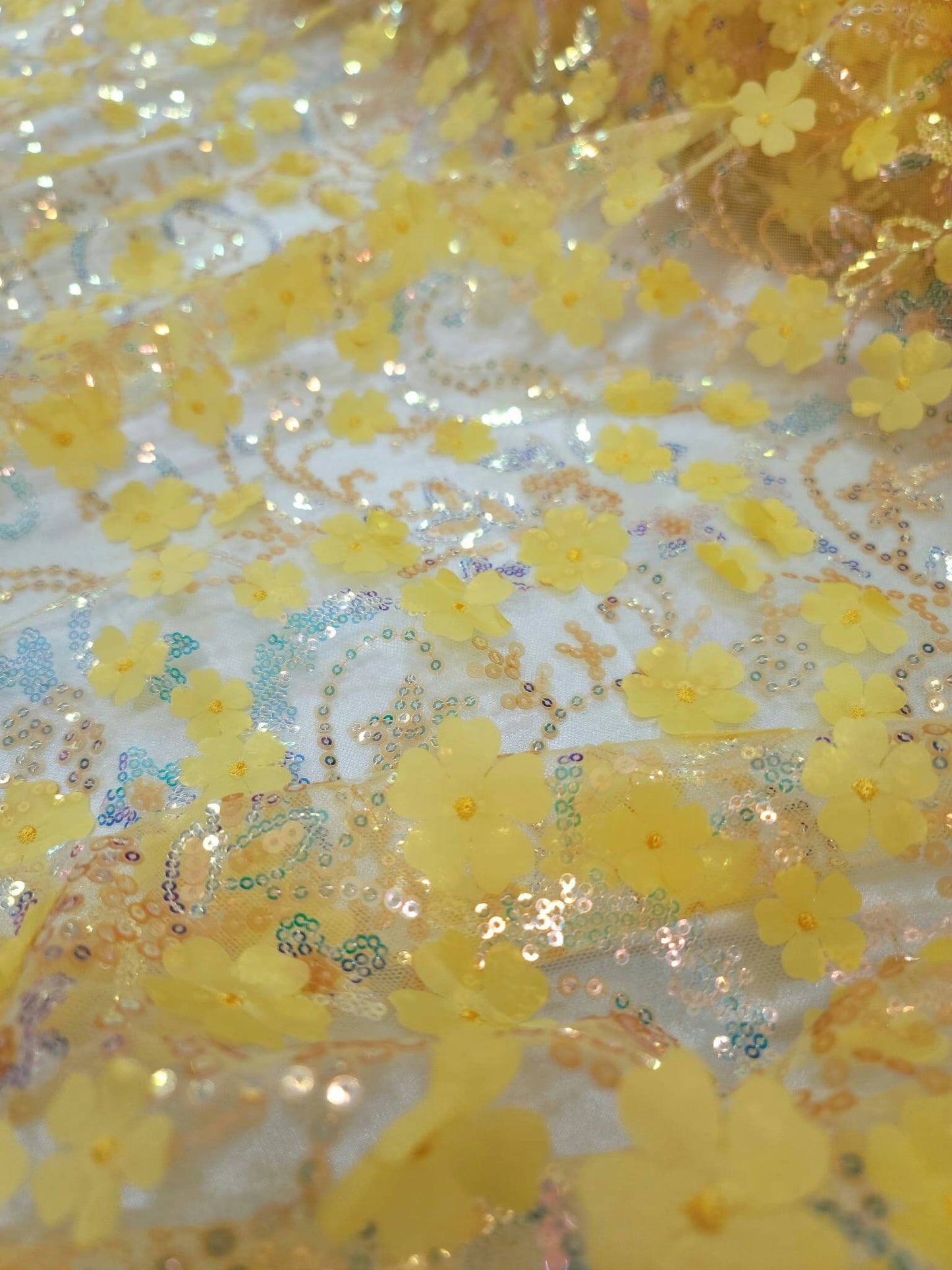 Yellow Embroidery Lace 3d Floral Fabric Sold by the Yard Gown Quinceañera Bridal Evening Dress Decoration Sequin Hologram Iridescent