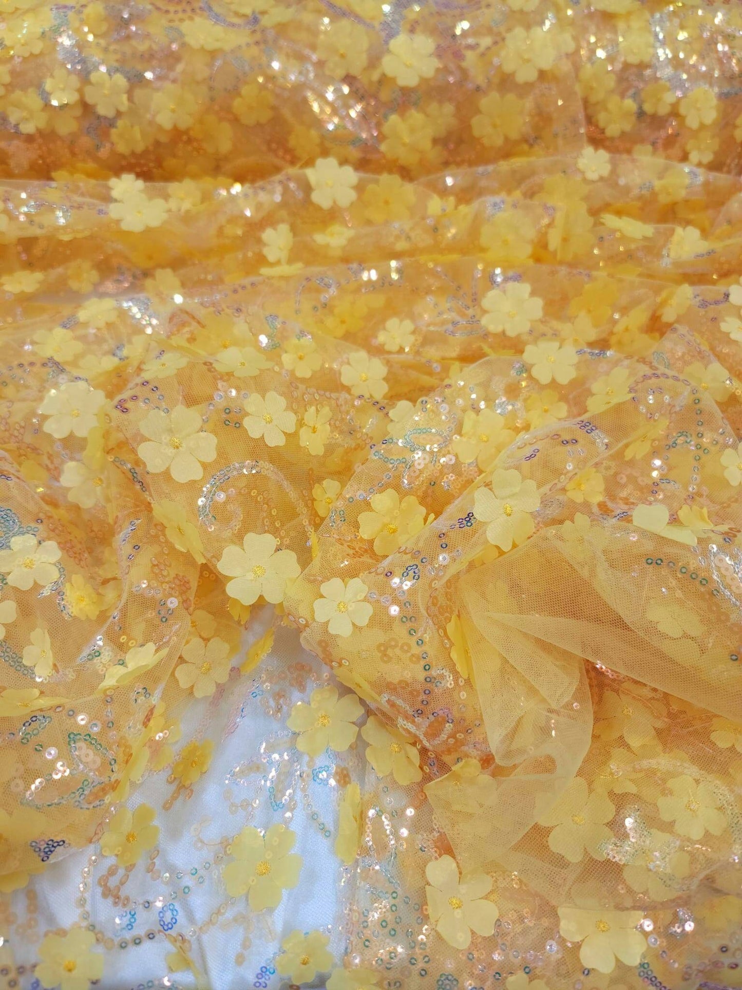 Yellow Embroidery Lace 3d Floral Fabric Sold by the Yard Gown Quinceañera Bridal Evening Dress Decoration Sequin Hologram Iridescent