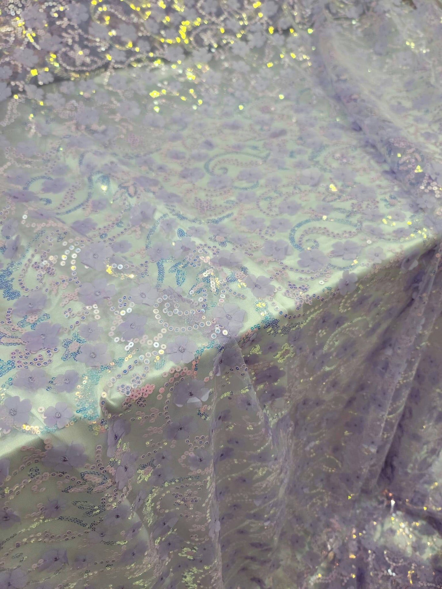 Lavender Lace Embroidery 3D Floral Flowers Iridescent Sequin Fabric By The Yard Quinceañera Bridal Evening Prom Gown
