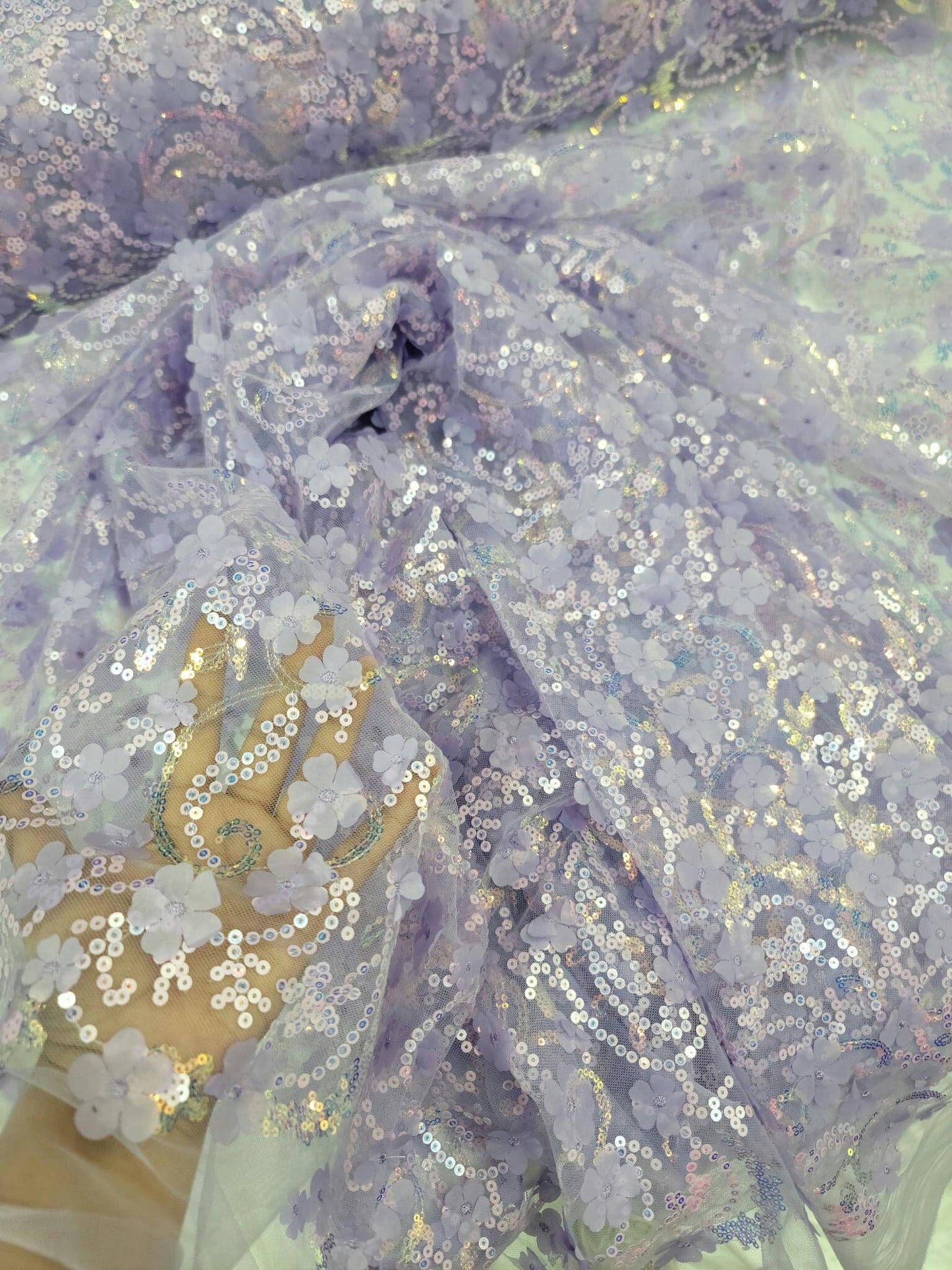 Lavender Lace Embroidery 3D Floral Flowers Iridescent Sequin Fabric By The Yard Quinceañera Bridal Evening Prom Gown
