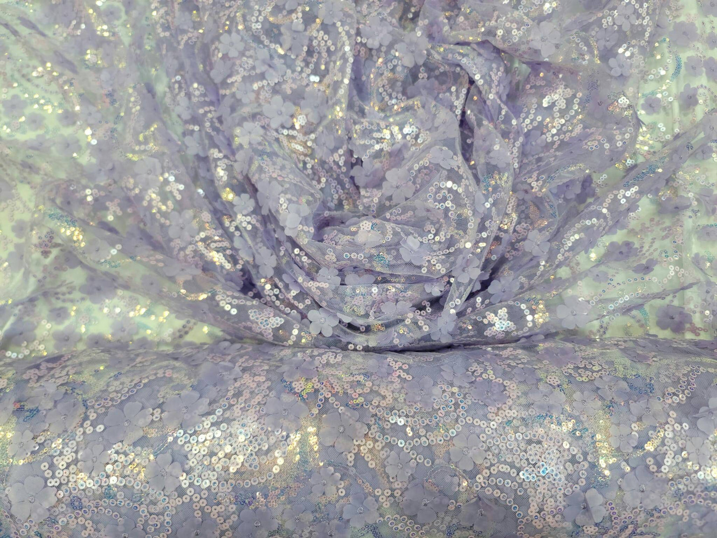 Lavender Lace Embroidery 3D Floral Flowers Iridescent Sequin Fabric By The Yard Quinceañera Bridal Evening Prom Gown
