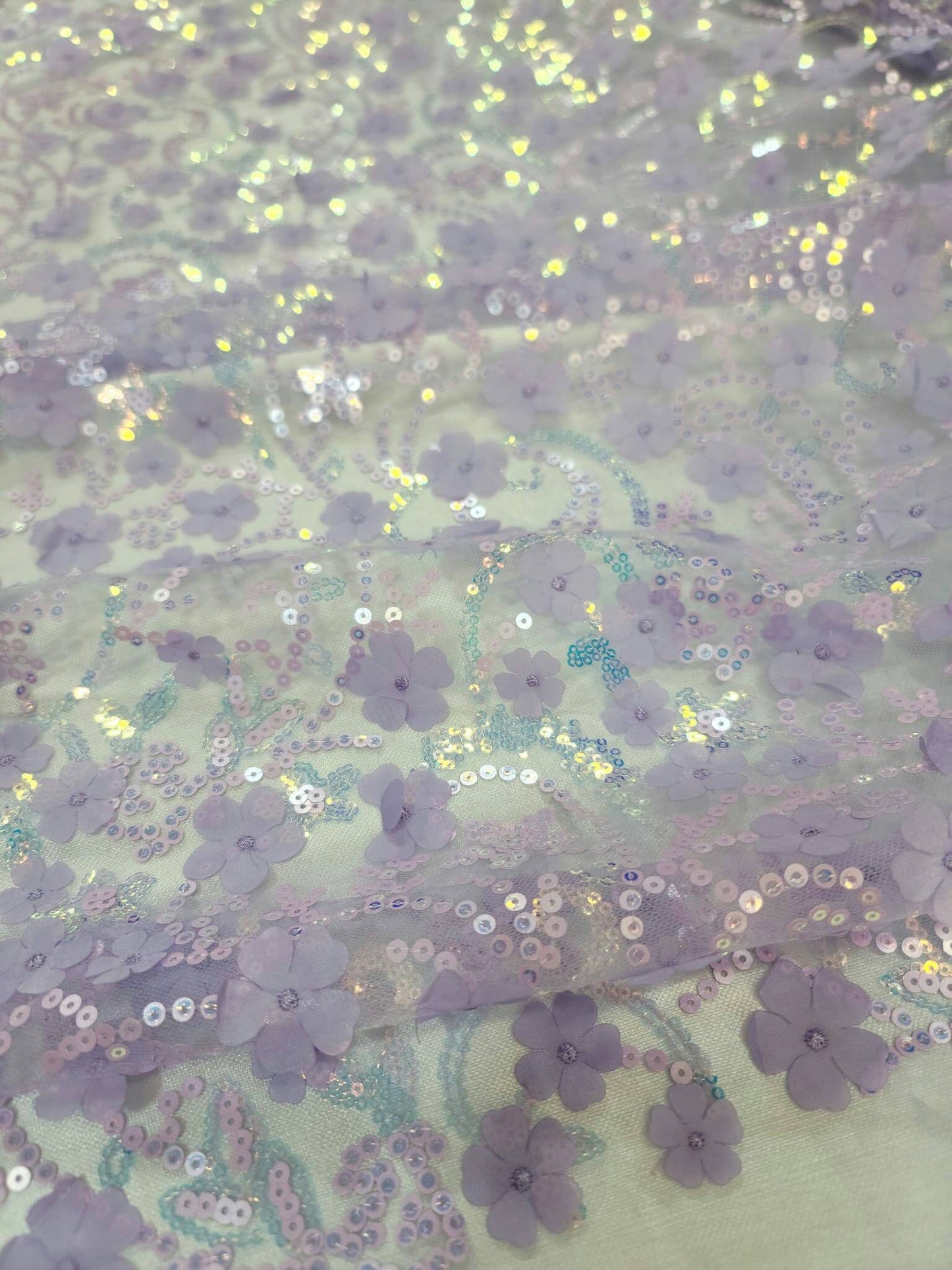 Lavender Lace Embroidery 3D Floral Flowers Iridescent Sequin Fabric By The Yard Quinceañera Bridal Evening Prom Gown