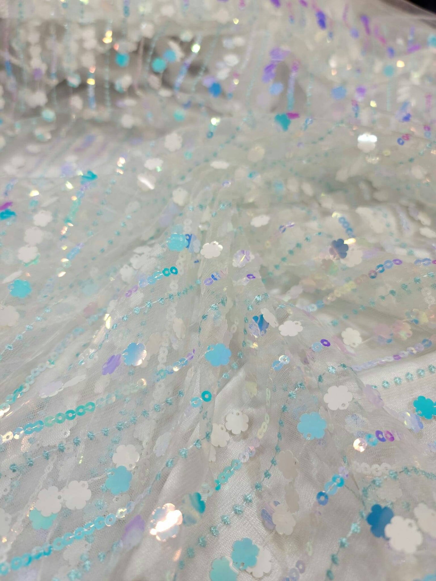 White Embroidered Lace Floral Flowers Iridescent Sequin Mesh Fabric Sold by the Yard Bridal Evening Dress Prom Quinceañera Gown