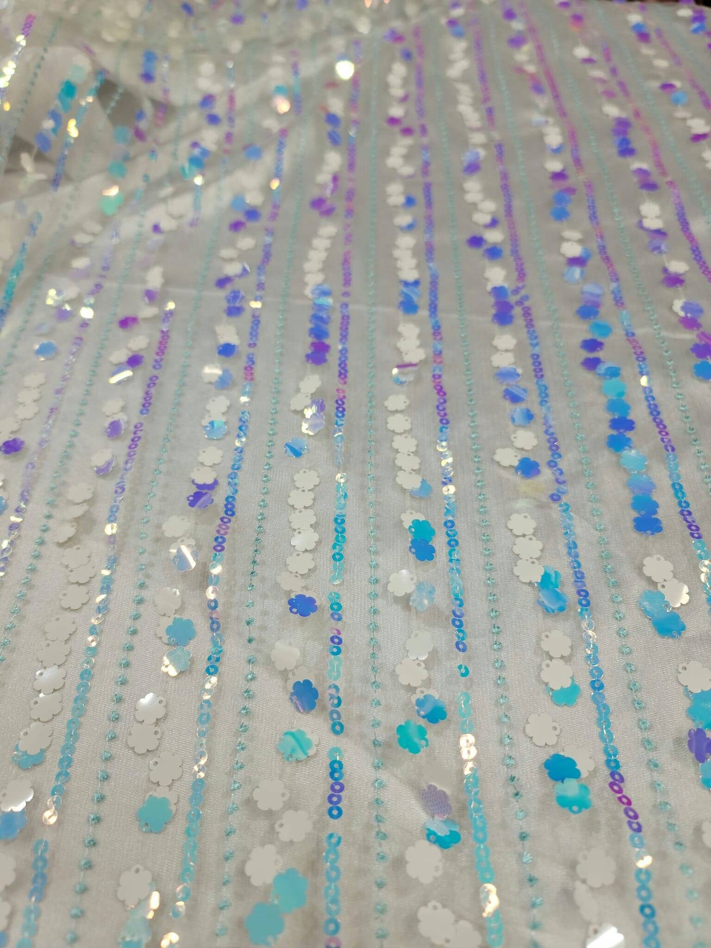 White Embroidered Lace Floral Flowers Iridescent Sequin Mesh Fabric Sold by the Yard Bridal Evening Dress Prom Quinceañera Gown