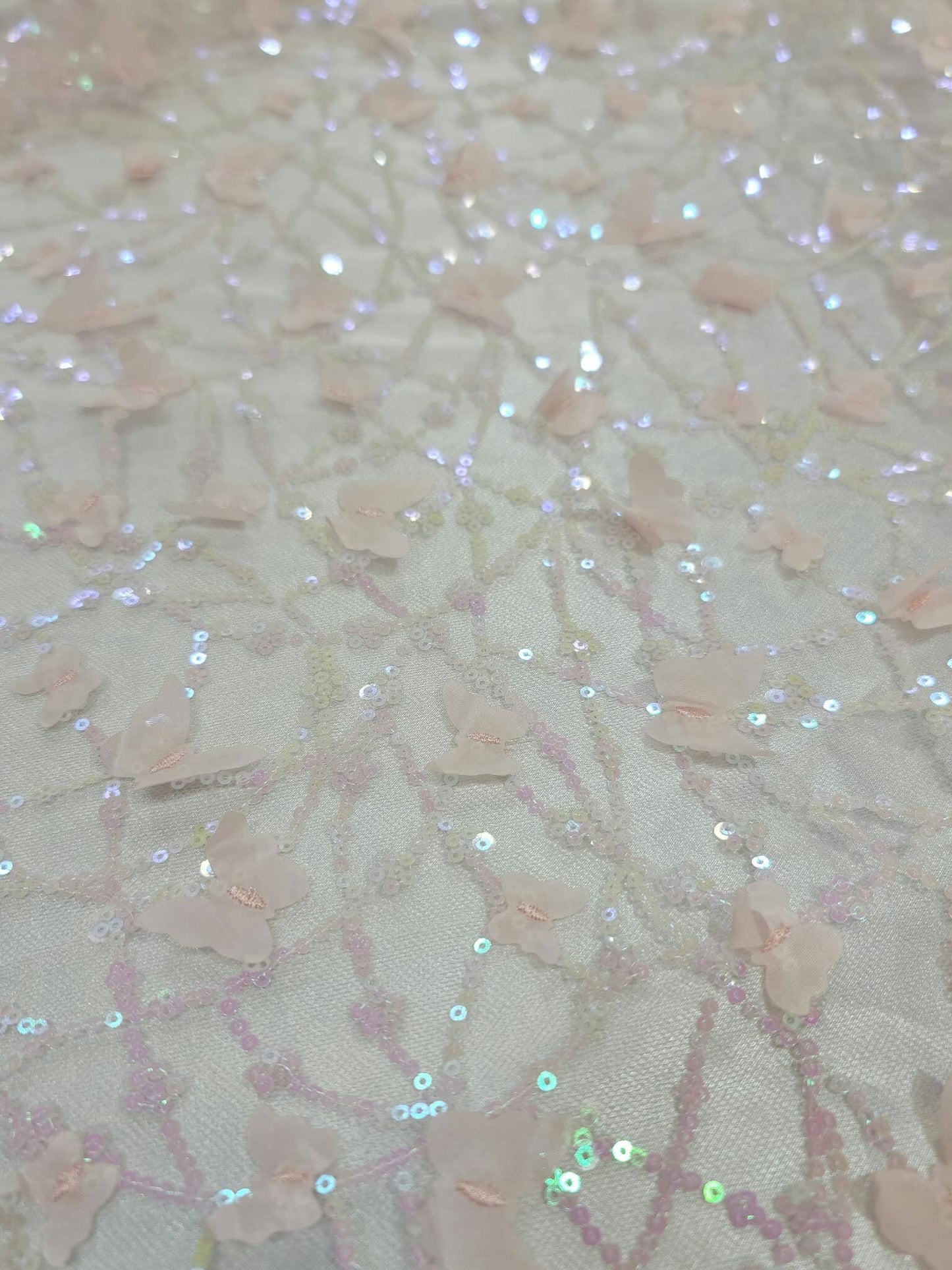 Light Pink Lace Embroidery 3d Butterflies Iridescent Sequin On Mesh Prom Fabric Sold By The Yard Quinceañera Bridal