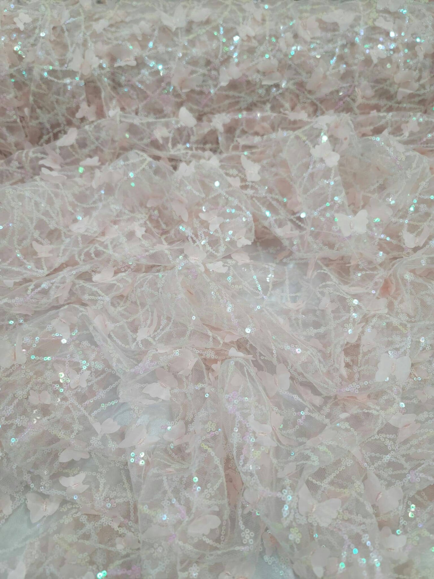 Light Pink Lace Embroidery 3d Butterflies Iridescent Sequin On Mesh Prom Fabric Sold By The Yard Quinceañera Bridal