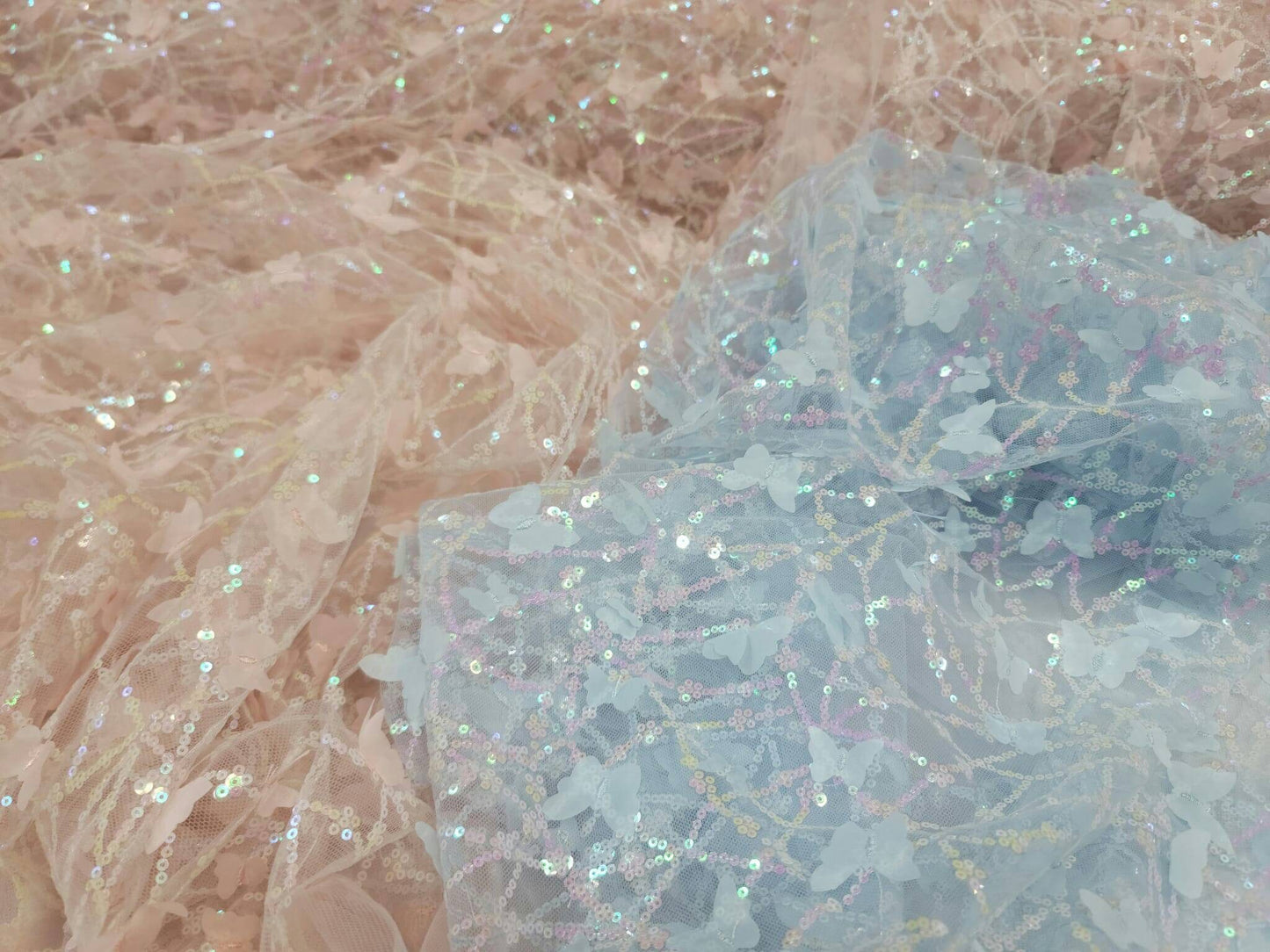 Light Pink Lace Embroidery 3d Butterflies Iridescent Sequin On Mesh Prom Fabric Sold By The Yard Quinceañera Bridal