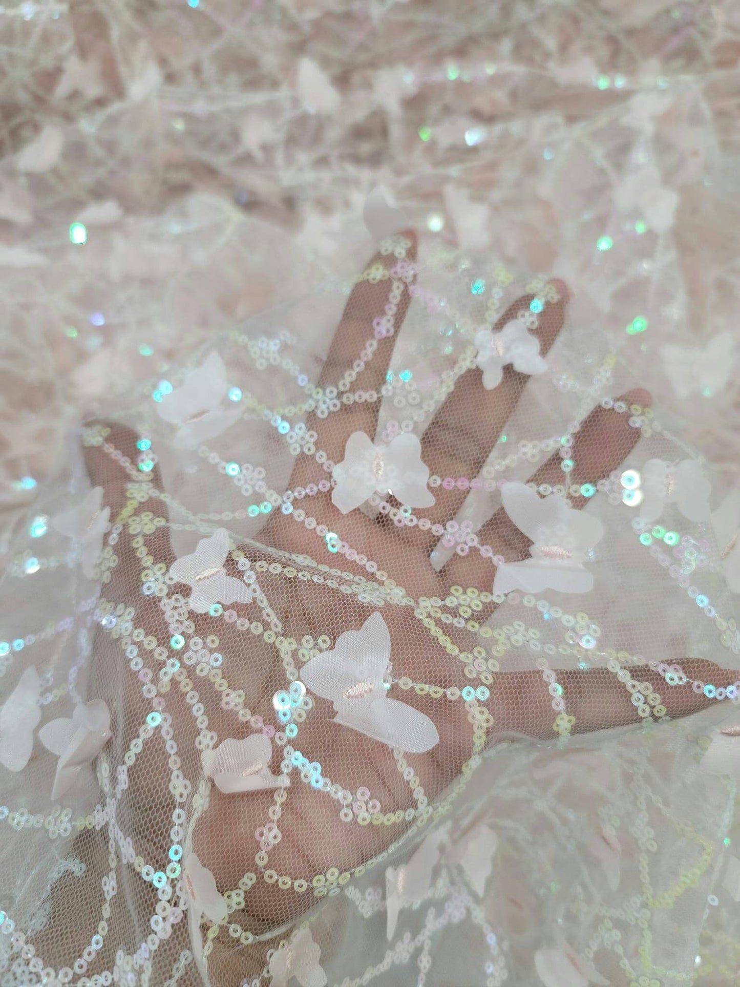 Light Pink Lace Embroidery 3d Butterflies Iridescent Sequin On Mesh Prom Fabric Sold By The Yard Quinceañera Bridal