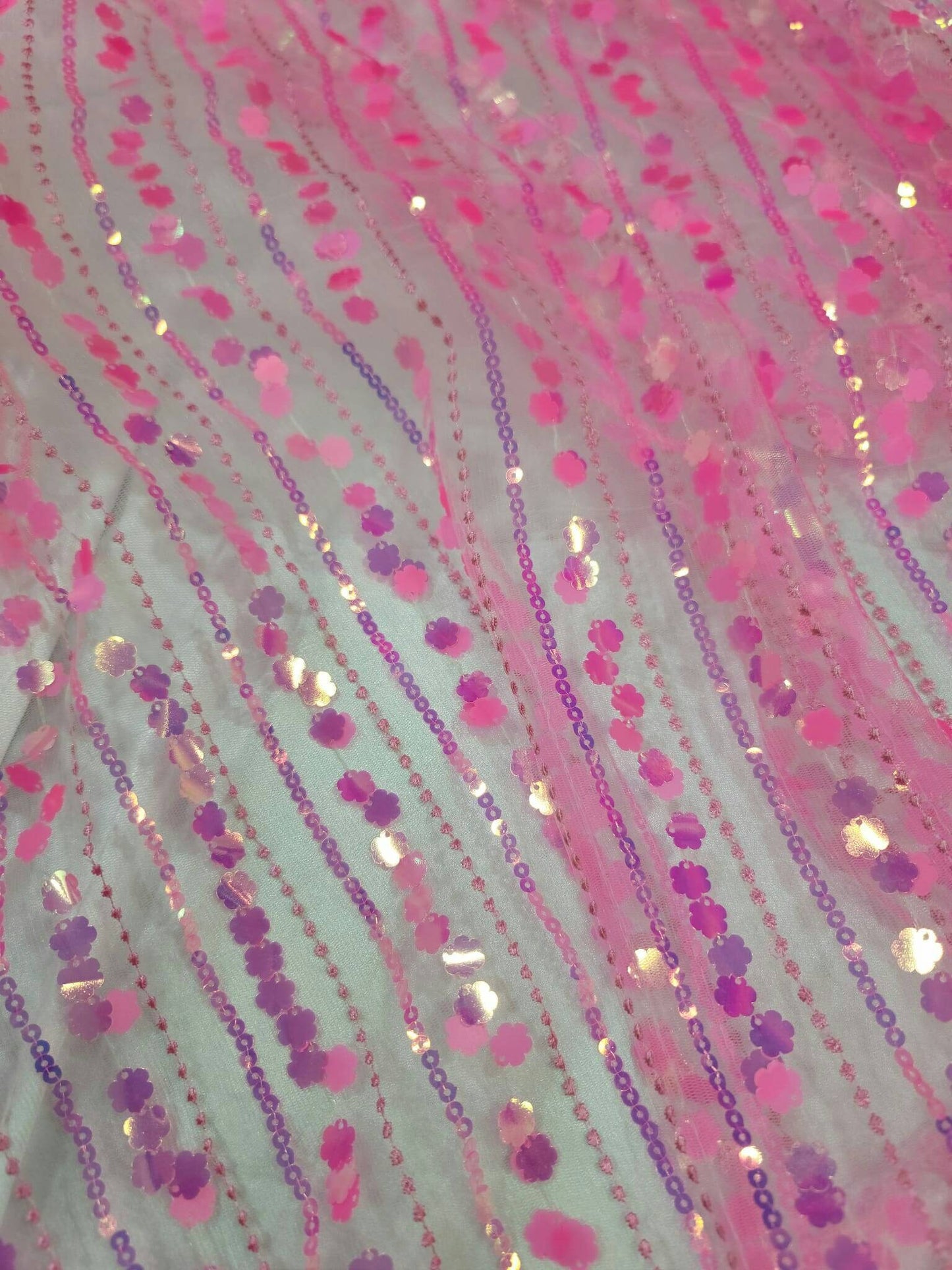 Neón Pink Lace 3d Sequin Iridescent Floral Flowers Prom Fabric Sold by the Yard Gown Quinceañera Bridal Evening Dress Decoration