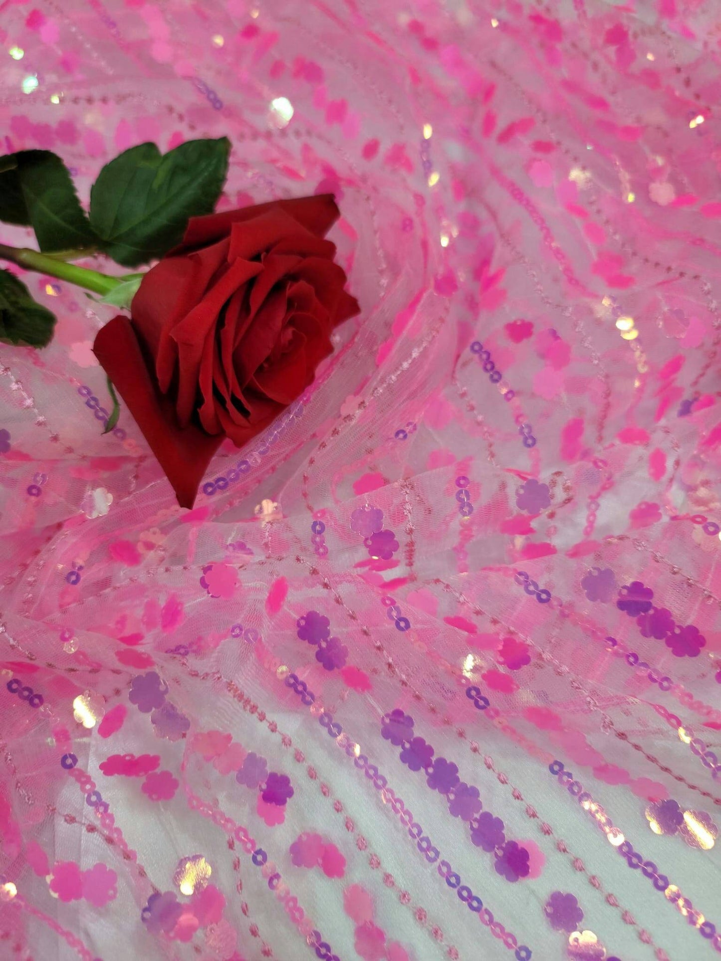 Neón Pink Lace 3d Sequin Iridescent Floral Flowers Prom Fabric Sold by the Yard Gown Quinceañera Bridal Evening Dress Decoration