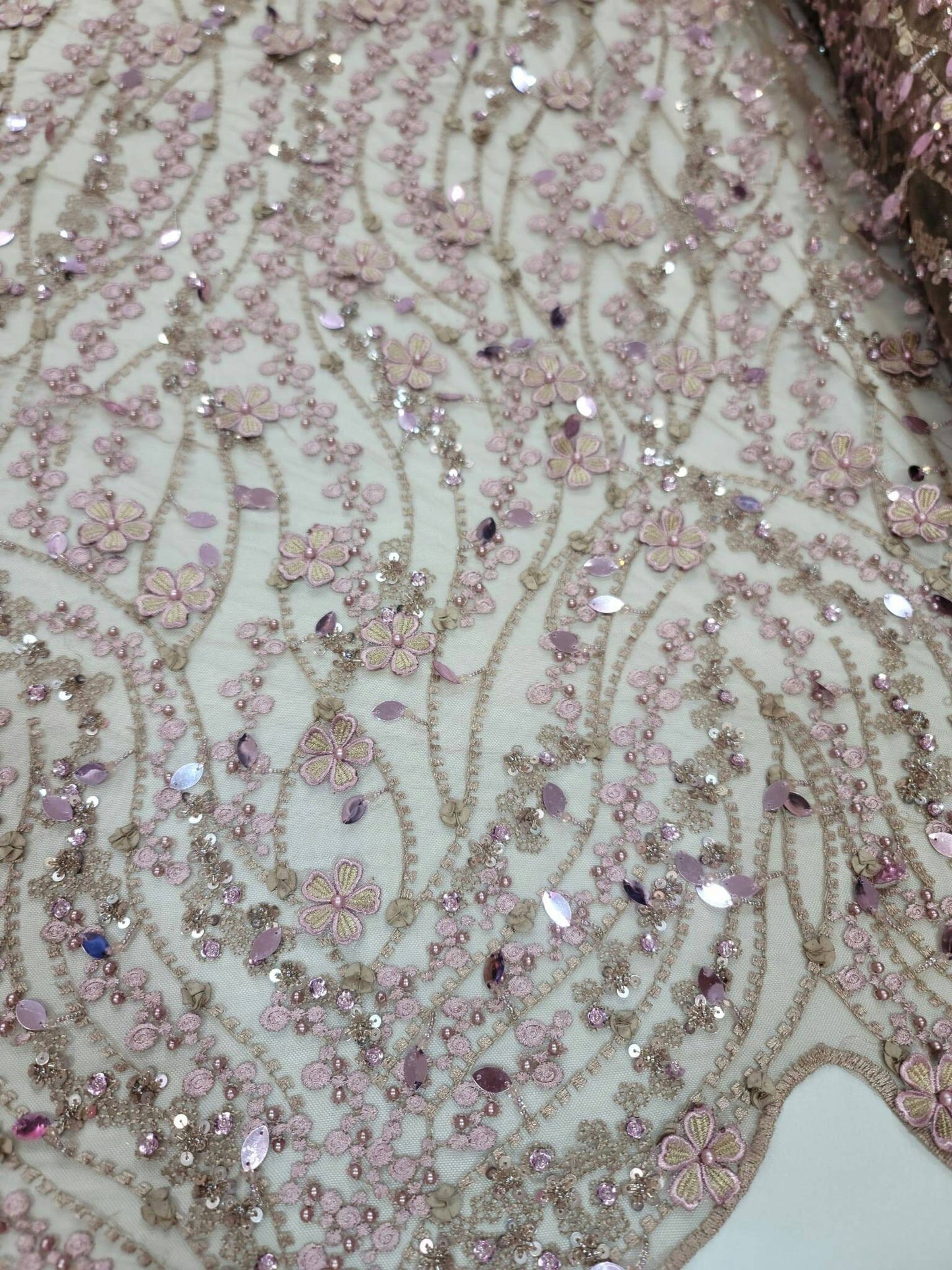 Mauve Beaded Lace 3d Embroidery Floral Flowers Hanging Sequin Taupe Mesh Fabric By The Yard Prom Bridal Fashion Quinceañera