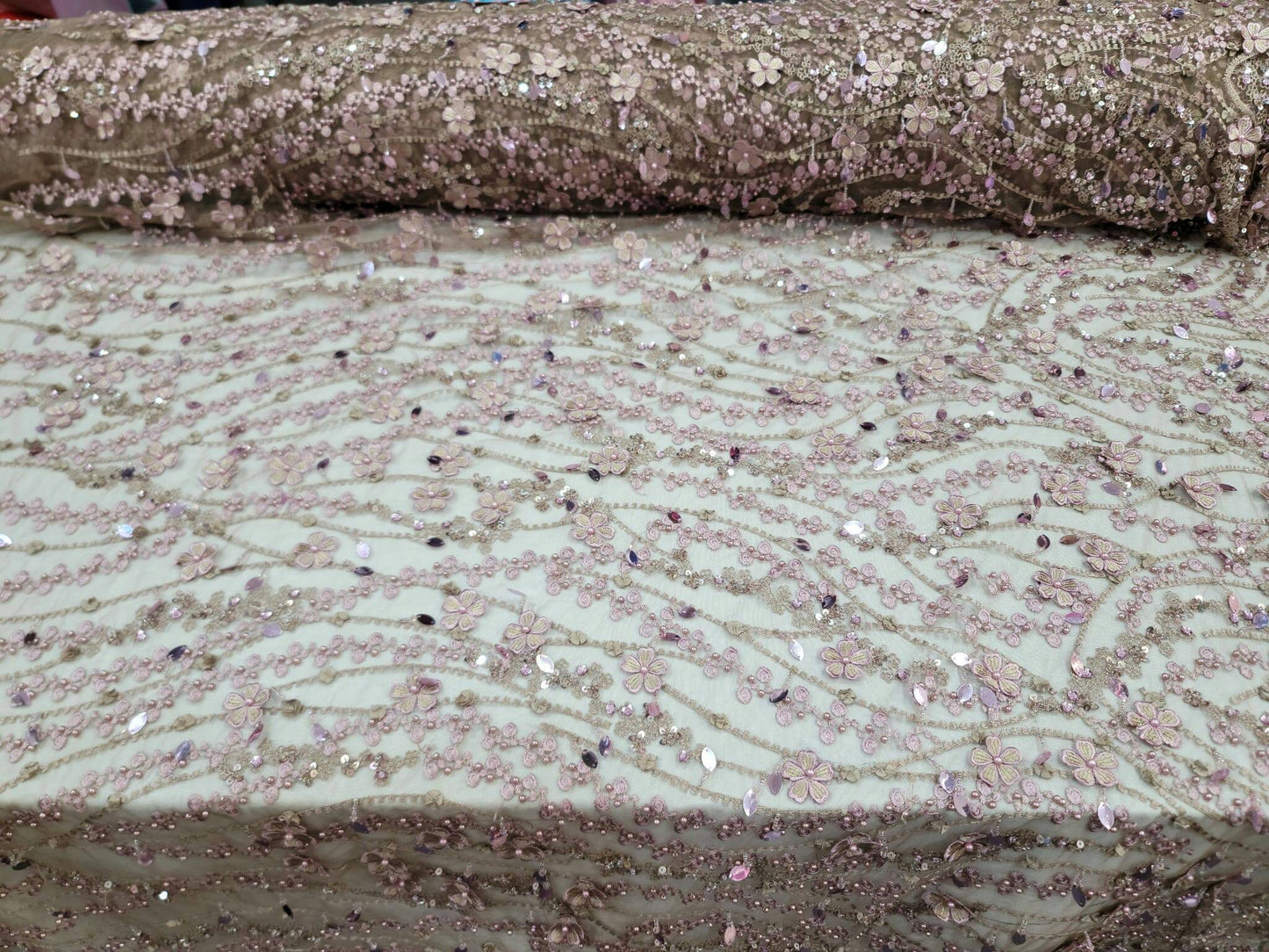Mauve Beaded Lace 3d Embroidery Floral Flowers Hanging Sequin Taupe Mesh Fabric By The Yard Prom Bridal Fashion Quinceañera