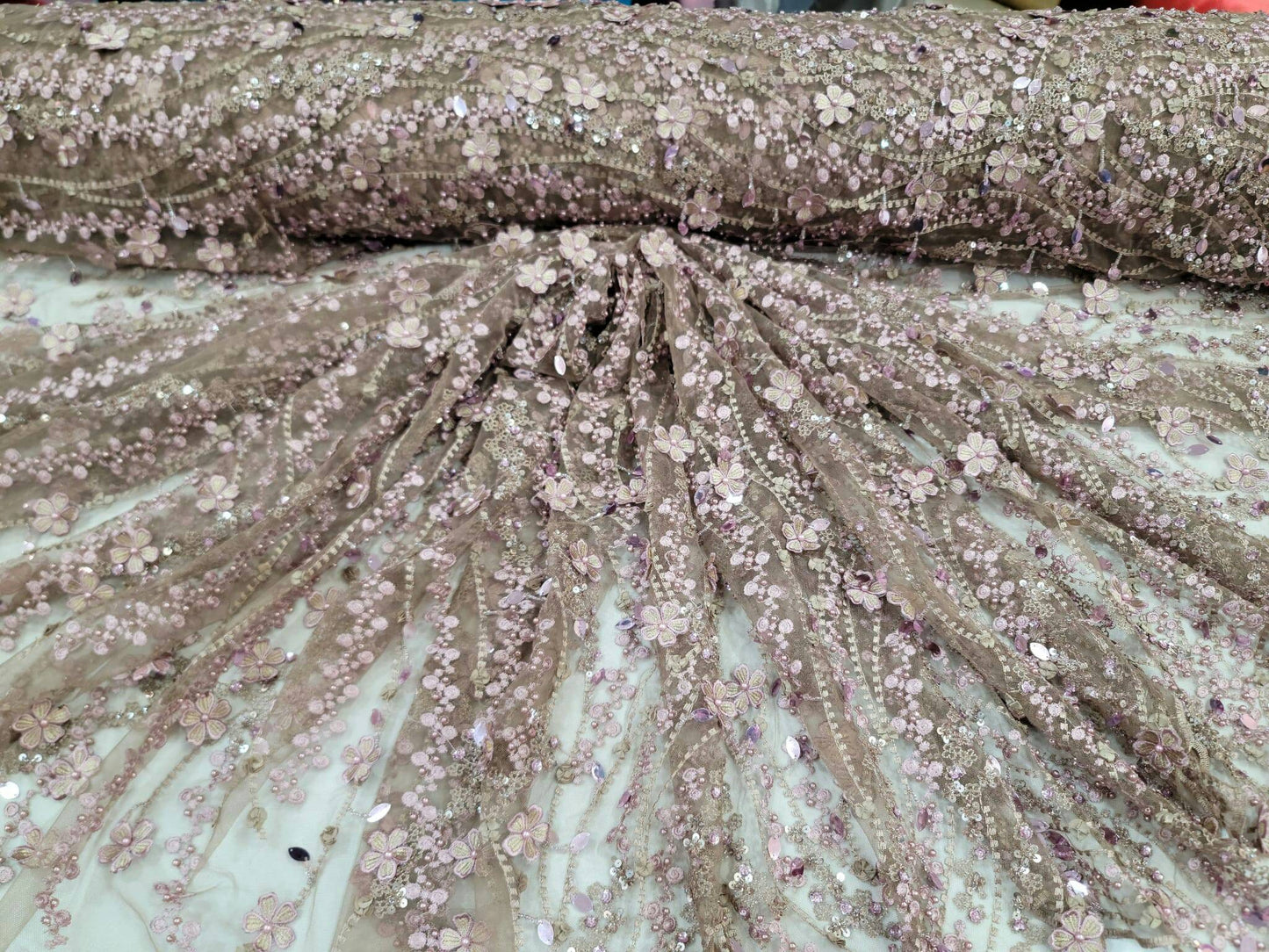 Mauve Beaded Lace 3d Embroidery Floral Flowers Hanging Sequin Taupe Mesh Fabric By The Yard Prom Bridal Fashion Quinceañera