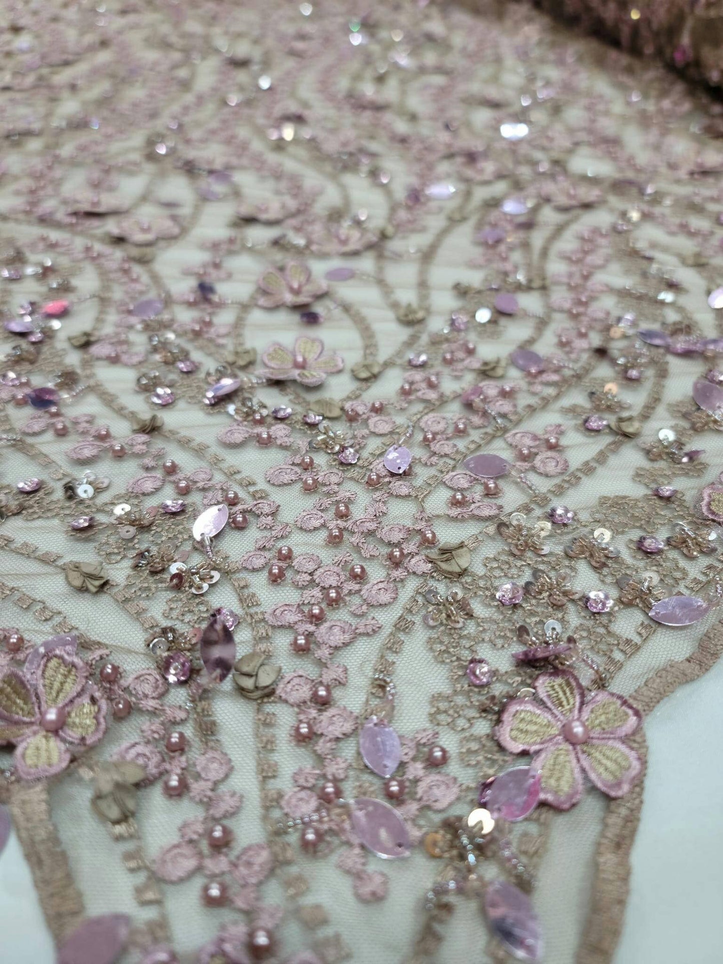 Mauve Beaded Lace 3d Embroidery Floral Flowers Hanging Sequin Taupe Mesh Fabric By The Yard Prom Bridal Fashion Quinceañera