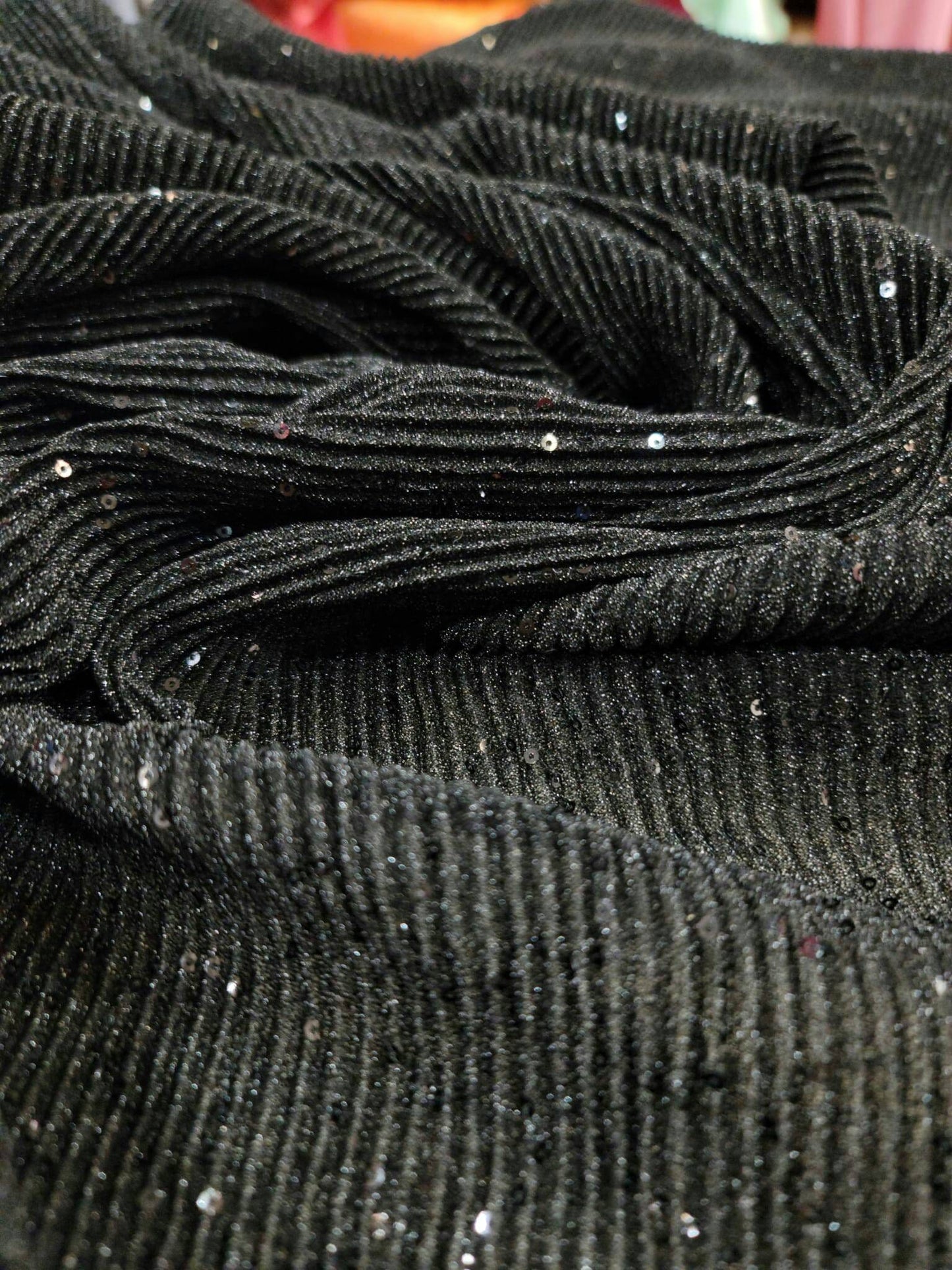 Black Textured Pleated Sequin Spandex 4 Way Stretch Fabric Sold by the Yard Gown Prom Dress Decoration Clothing Soft Knit Fashion Fabric