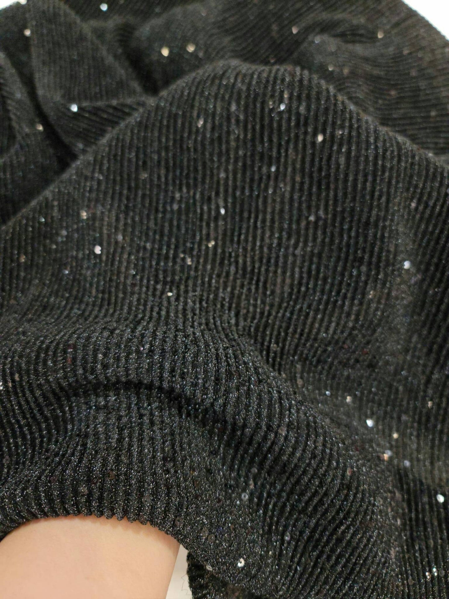 Black Textured Pleated Sequin Spandex 4 Way Stretch Fabric Sold by the Yard Gown Prom Dress Decoration Clothing Soft Knit Fashion Fabric
