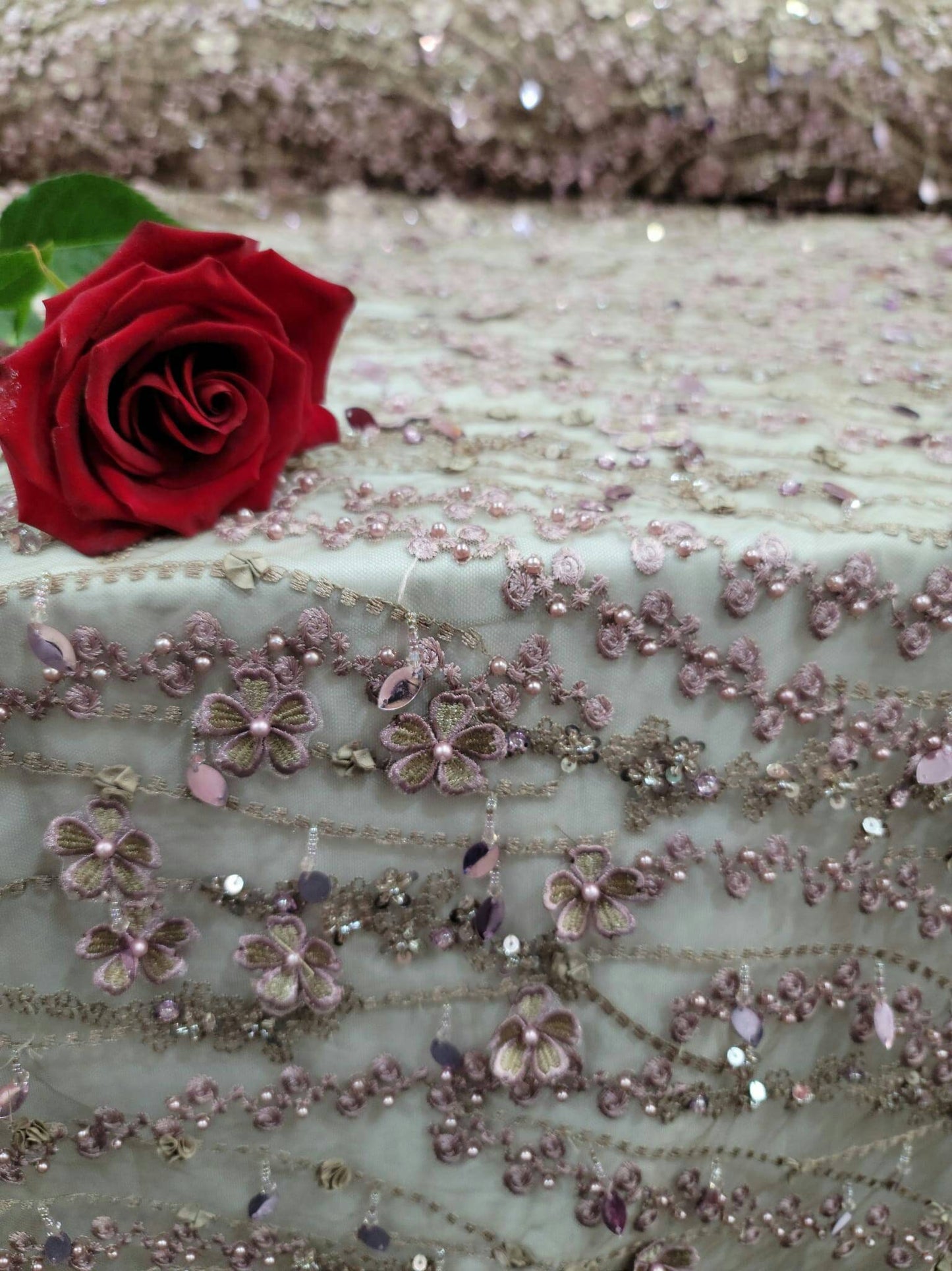 Mauve Beaded Lace 3d Embroidery Floral Flowers Hanging Sequin Taupe Mesh Fabric By The Yard Prom Bridal Fashion Quinceañera