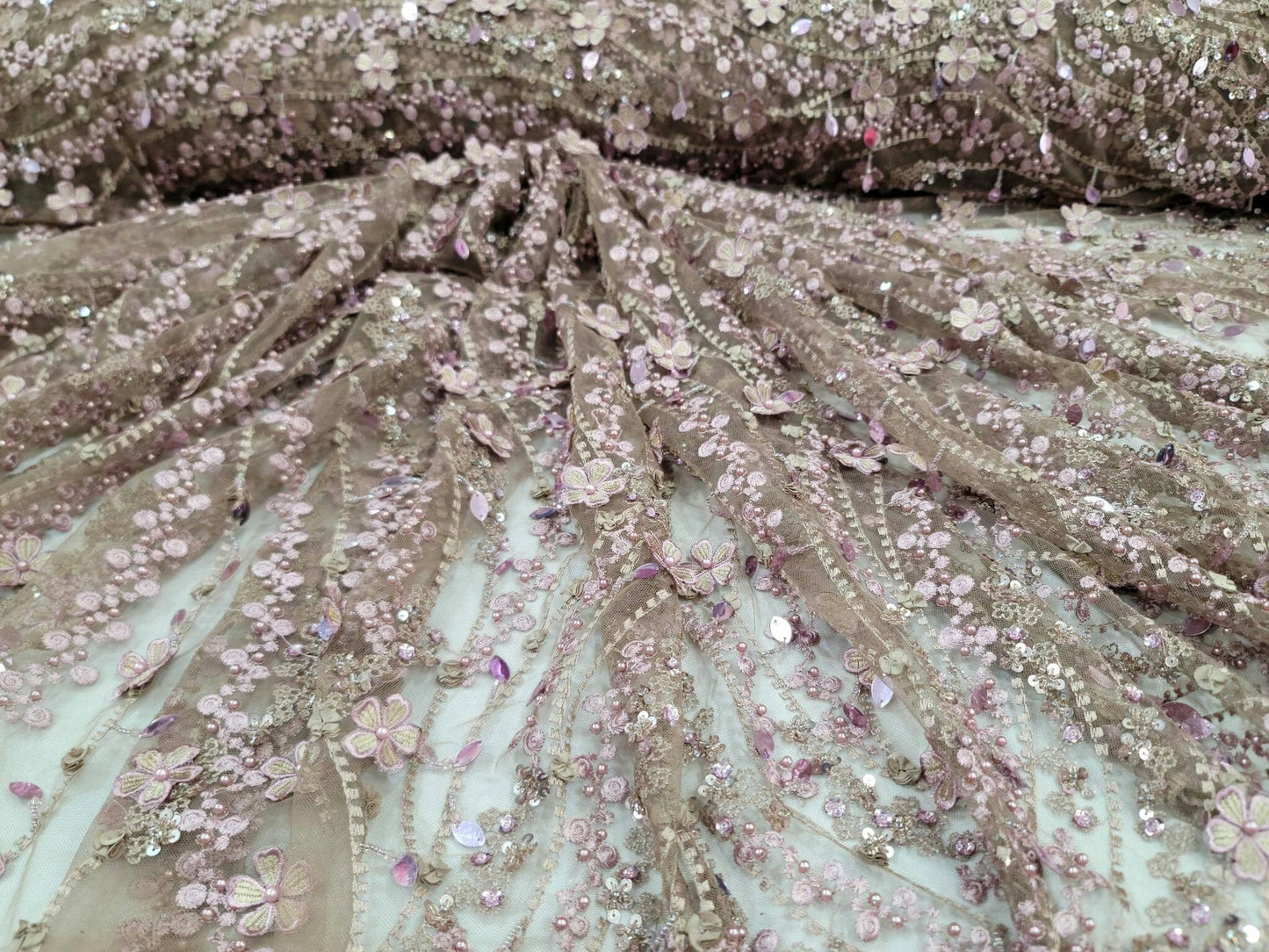 Mauve Beaded Lace 3d Embroidery Floral Flowers Hanging Sequin Taupe Mesh Fabric By The Yard Prom Bridal Fashion Quinceañera