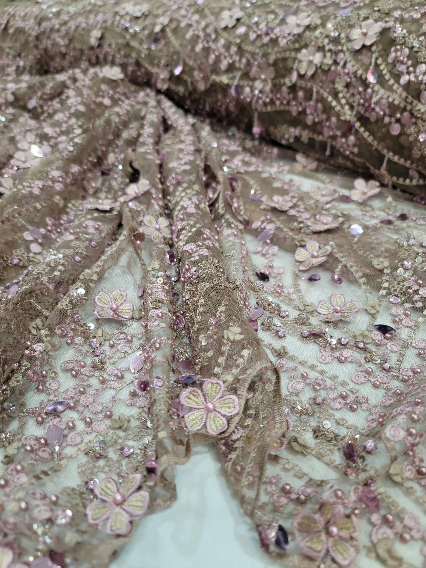 Mauve Beaded Lace 3d Embroidery Floral Flowers Hanging Sequin Taupe Mesh Fabric By The Yard Prom Bridal Fashion Quinceañera