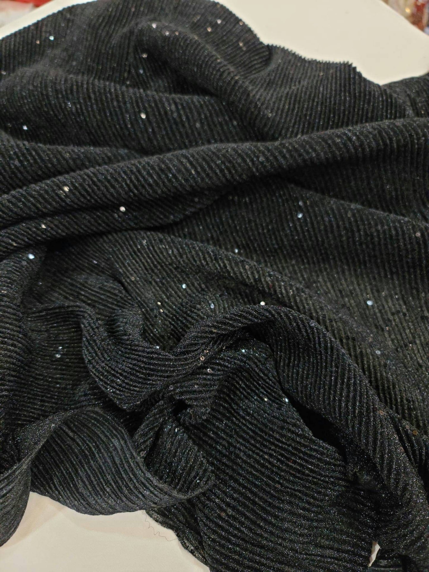 Black Textured Pleated Sequin Spandex 4 Way Stretch Fabric Sold by the Yard Gown Prom Dress Decoration Clothing Soft Knit Fashion Fabric