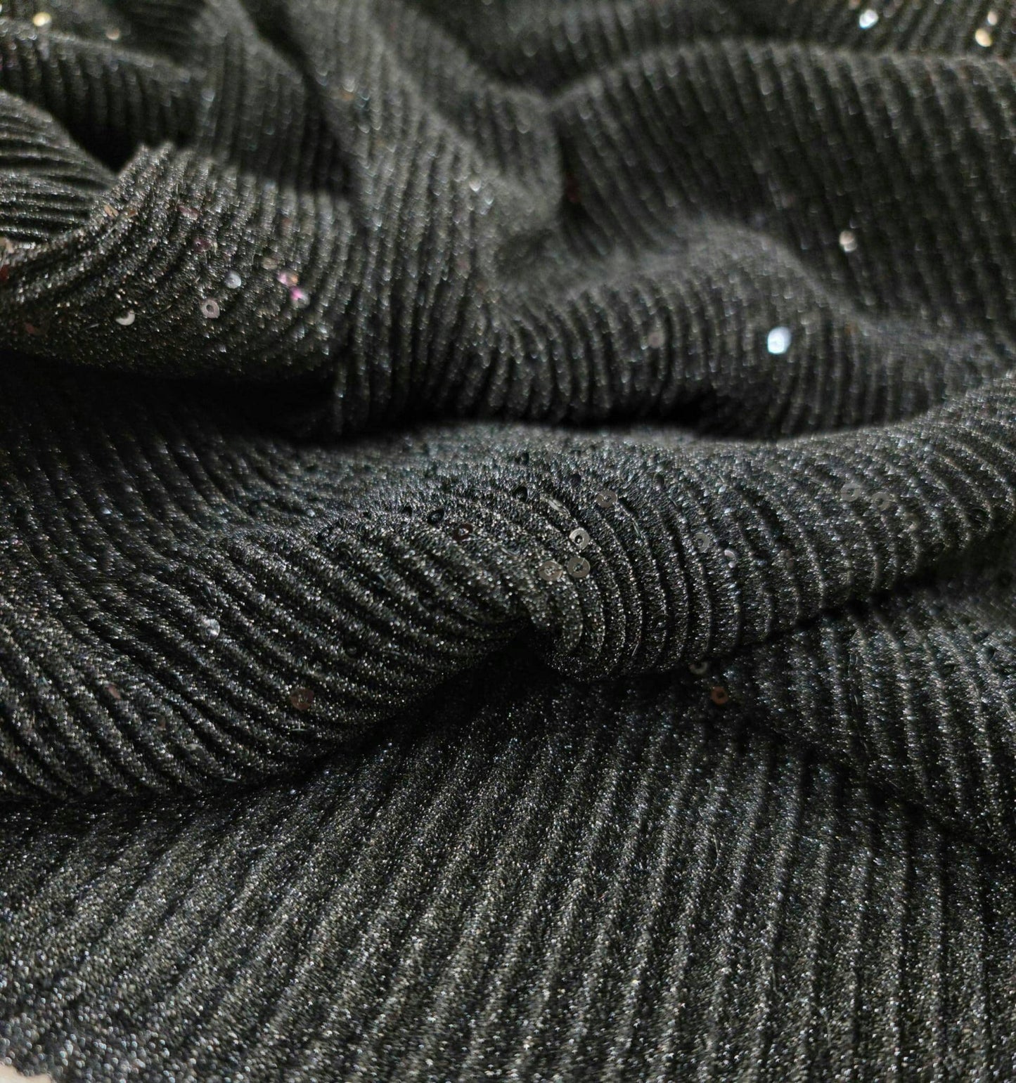 Black Textured Pleated Sequin Spandex 4 Way Stretch Fabric Sold by the Yard Gown Prom Dress Decoration Clothing Soft Knit Fashion Fabric