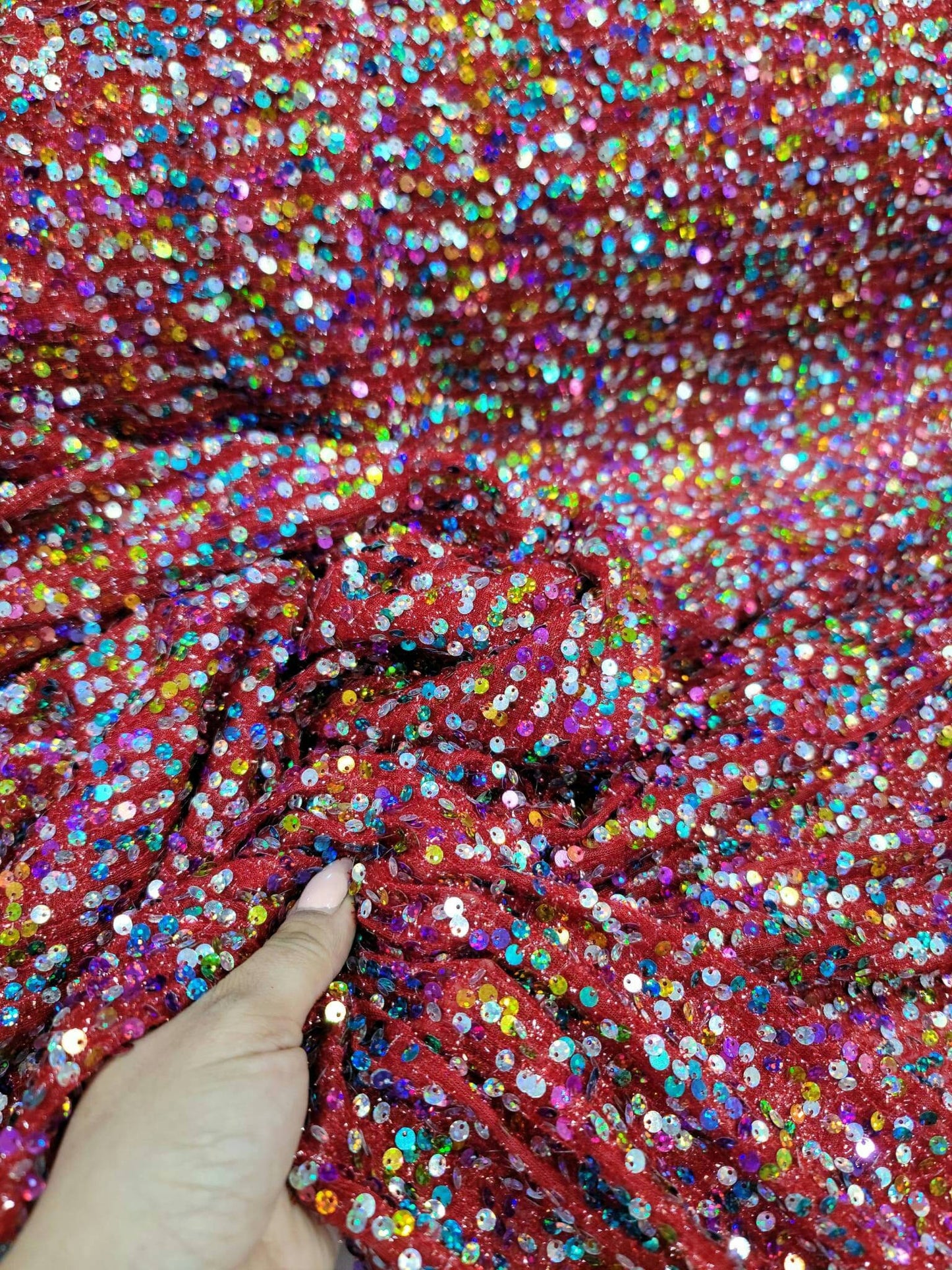 Multicolor Sequin Red Stretch Fabric - Perfect for Party Dresses, Costumes, and Decorations