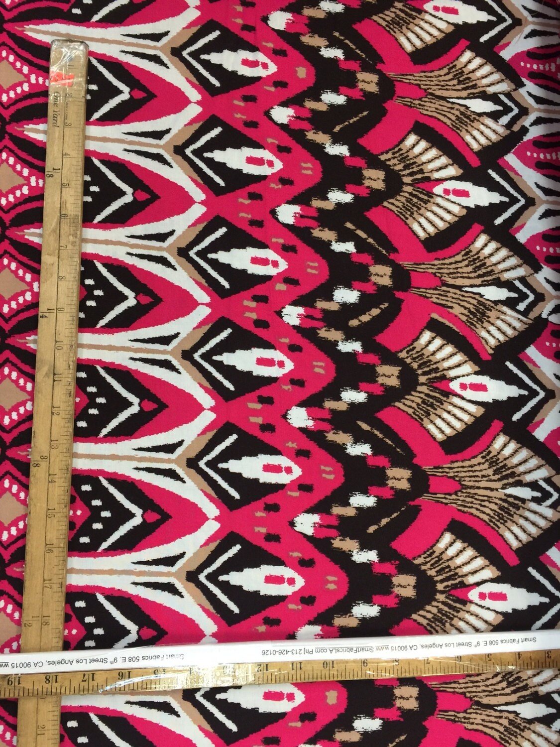 Rayon challis Egyptian print Magenta, Black and Tan pattern Fabric sold by the yard soft organic flowy fabric dress Draping decoration