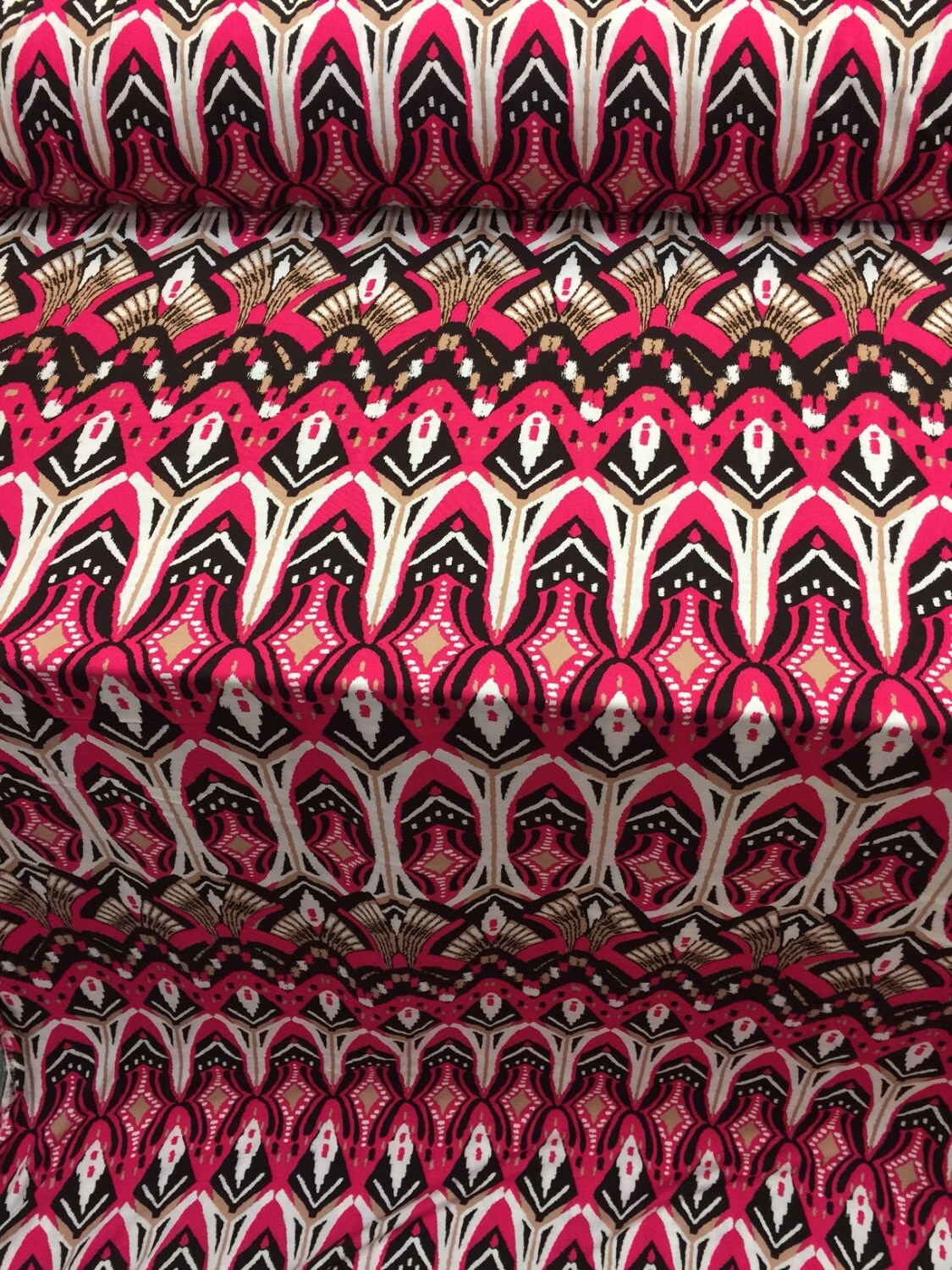 Rayon challis Egyptian print Magenta, Black and Tan pattern Fabric sold by the yard soft organic flowy fabric dress Draping decoration