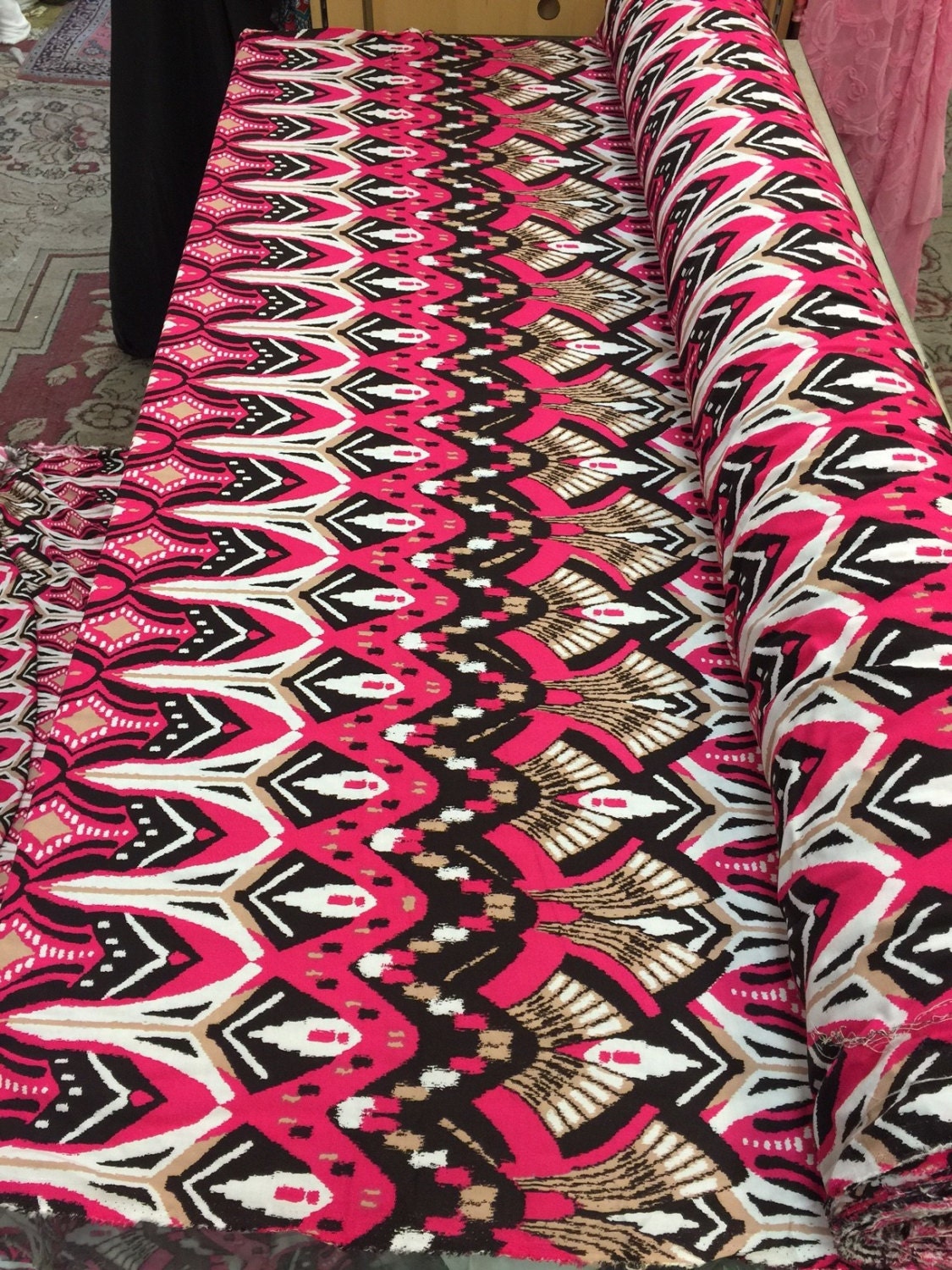 Rayon challis Egyptian print Magenta, Black and Tan pattern Fabric sold by the yard soft organic flowy fabric dress Draping decoration