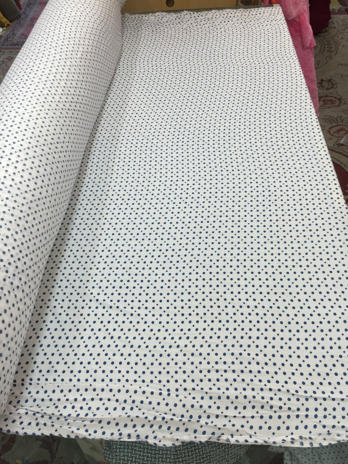 100% rayon challis. Blue dots n diamonds Off white background fabric sold by the yard soft organic kids dress draping clothing decoration