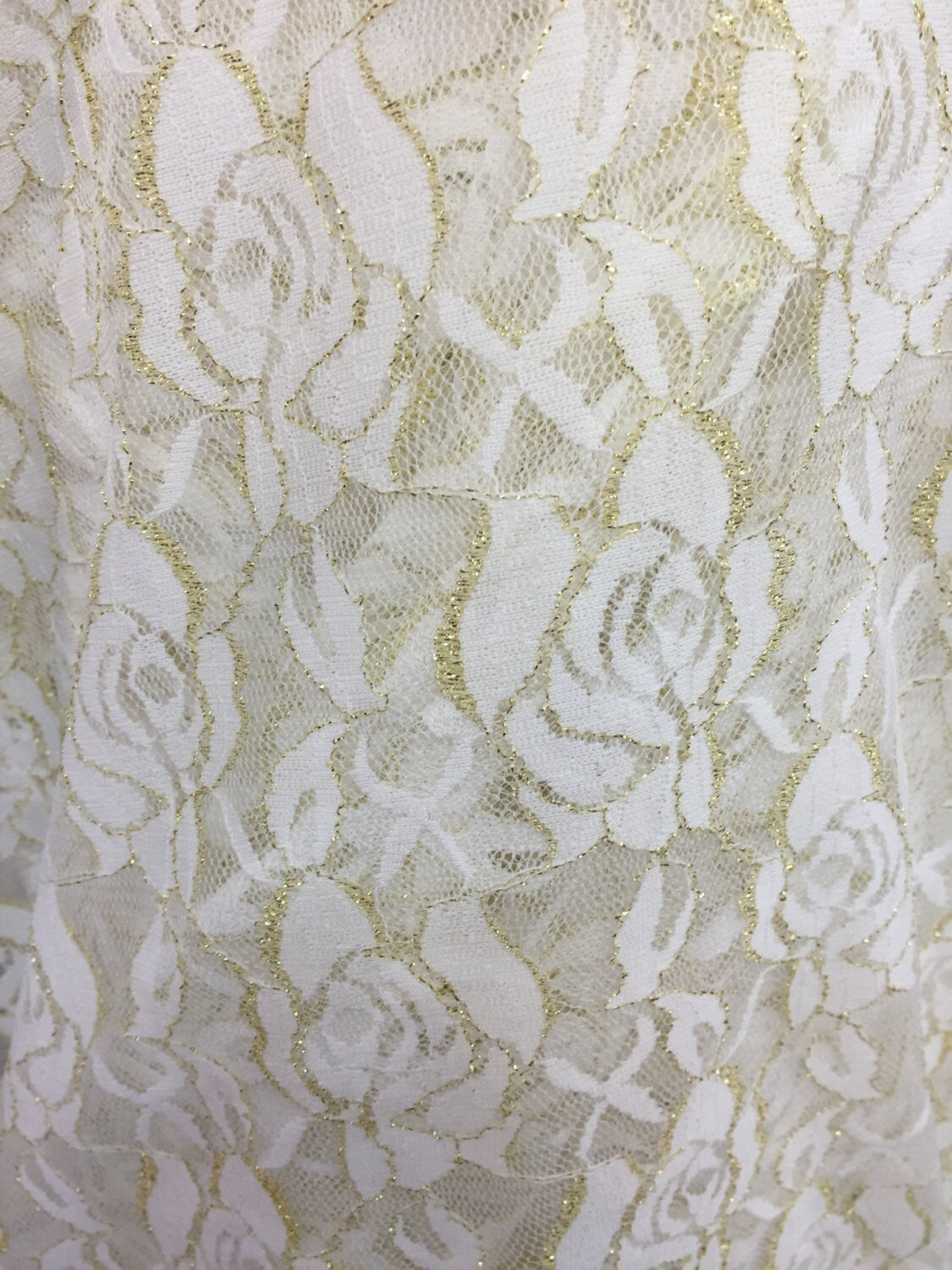 4 Way Stretch Lace Floral Flowers Nylon Spandex Ivory Gold Lace 58-60 in W Fabric Sold by the Yard Soft Stretch Floral Draping