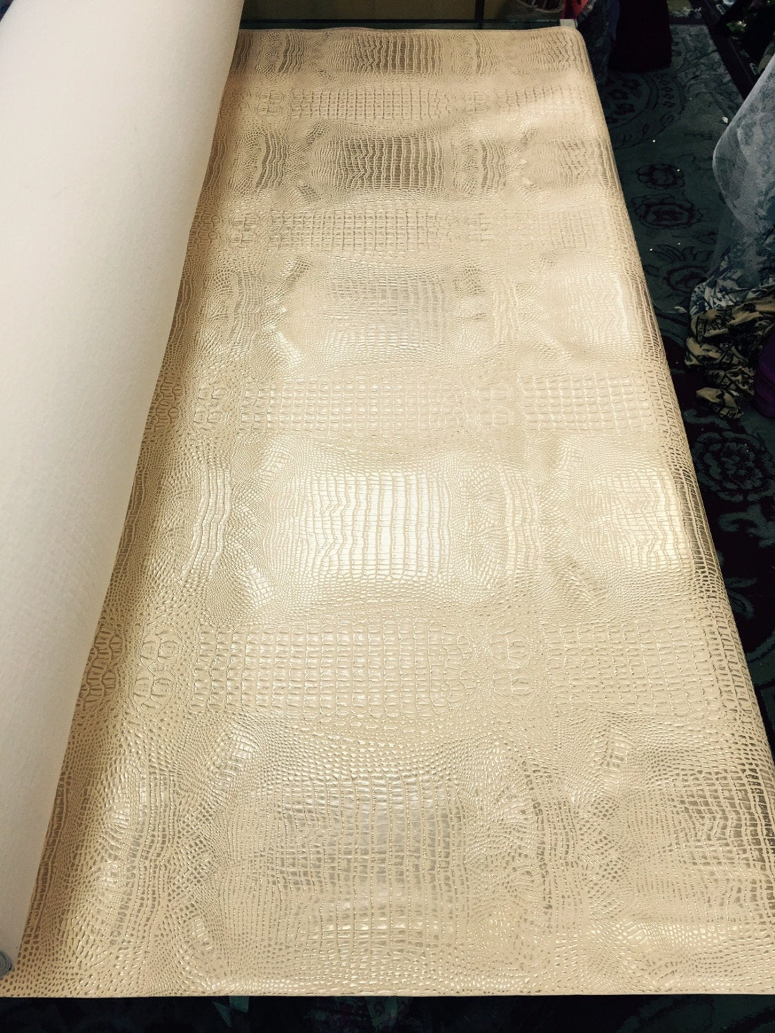 Crocodile Texture Design Vinyl 54 Inches Wide Fabric Sold by the Yard Peach for Wedding Decorations, Tablecloths, Curtain, Panels, Crafts