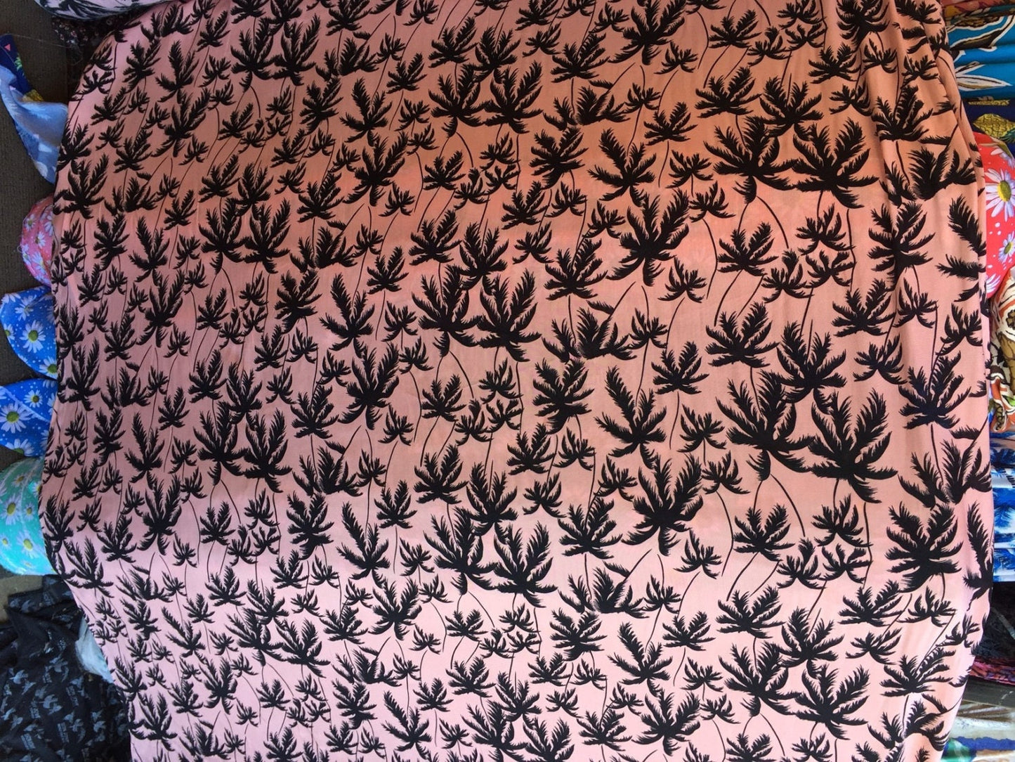 100% rayon challis Palm trees on Tuscan pink background soft tropical flowy fabric sold by the yard dress