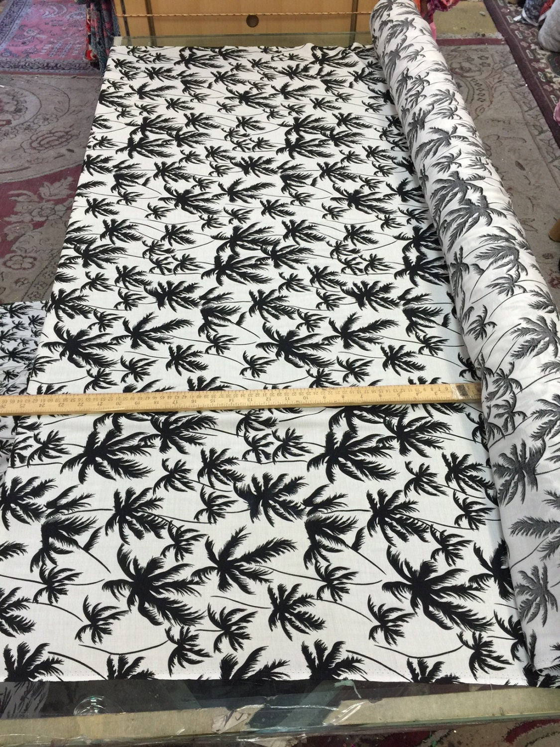 100% Rayon Challis Off white background w Black palm trees. Fabric sold by the yard soft organic kids dress draping clothing decoration