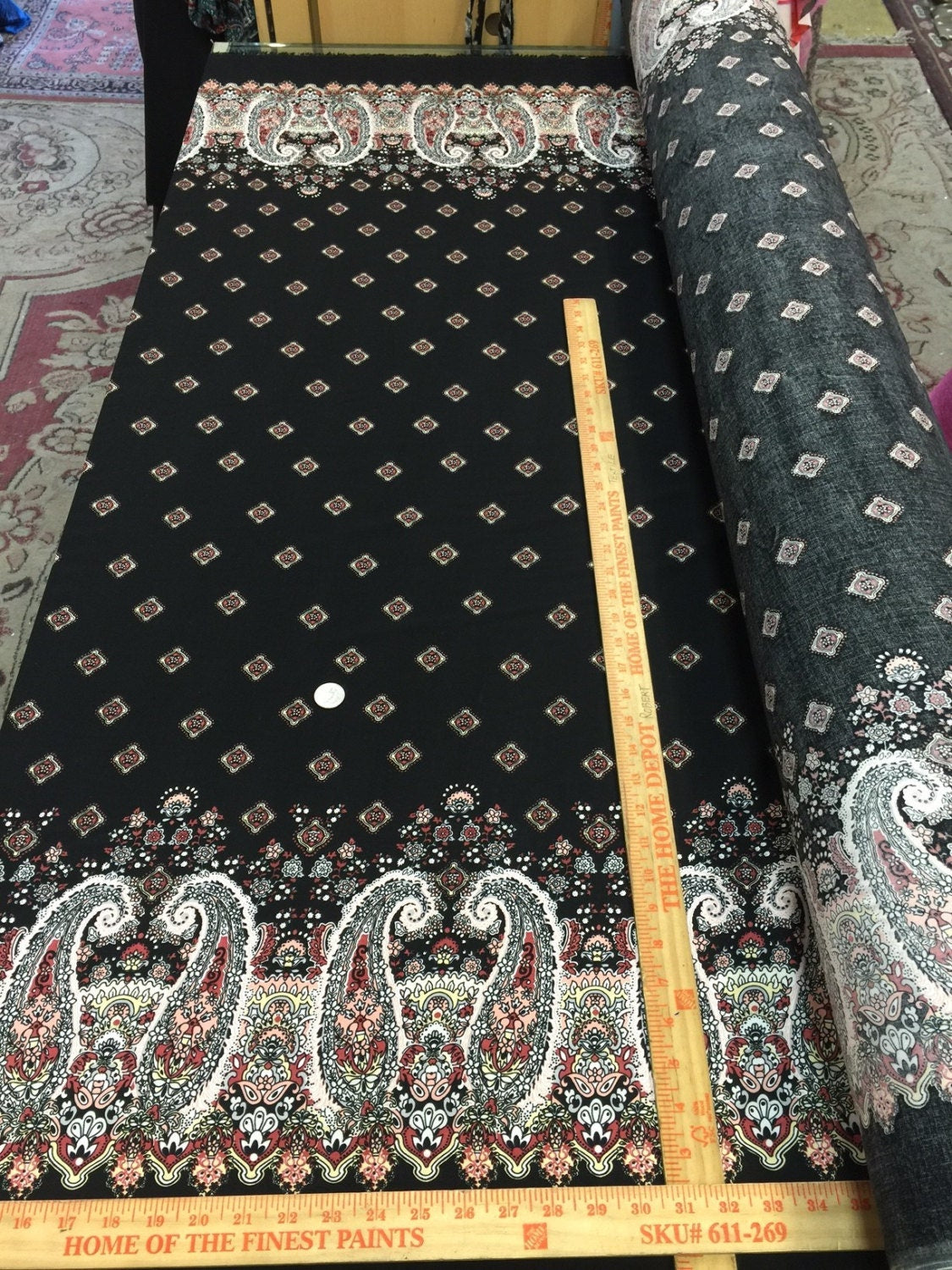100% Rayon Challis Black Background Hindi Inspired Pink Paisleys 56" / 58" Wide Fabric Sold by the Yard, Soft Fabric Double Scalloped Soft