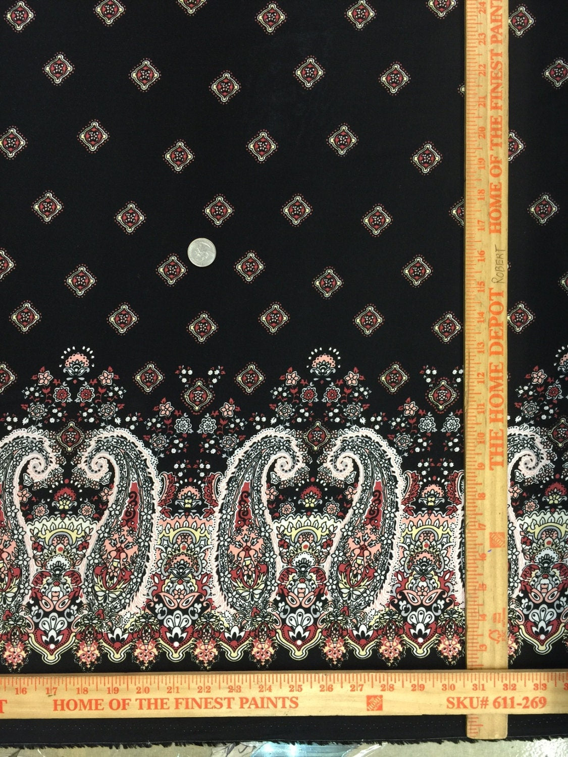 100% Rayon Challis Black Background Hindi Inspired Pink Paisleys 56" / 58" Wide Fabric Sold by the Yard, Soft Fabric Double Scalloped Soft
