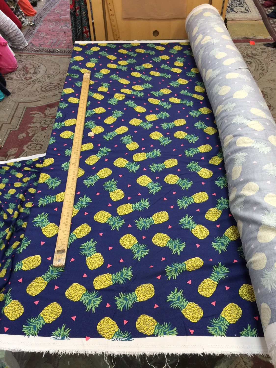 100% Rayon Double Weight Pineapple Navy Blue Background 58" / 60" Width Sold by the Yard for Tablecloth, Panels, Decoration
